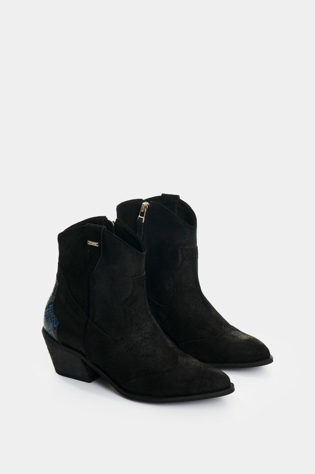 Vélez Botines Texanos De Cuero Gamuzado Mujer Sahara Negro-0