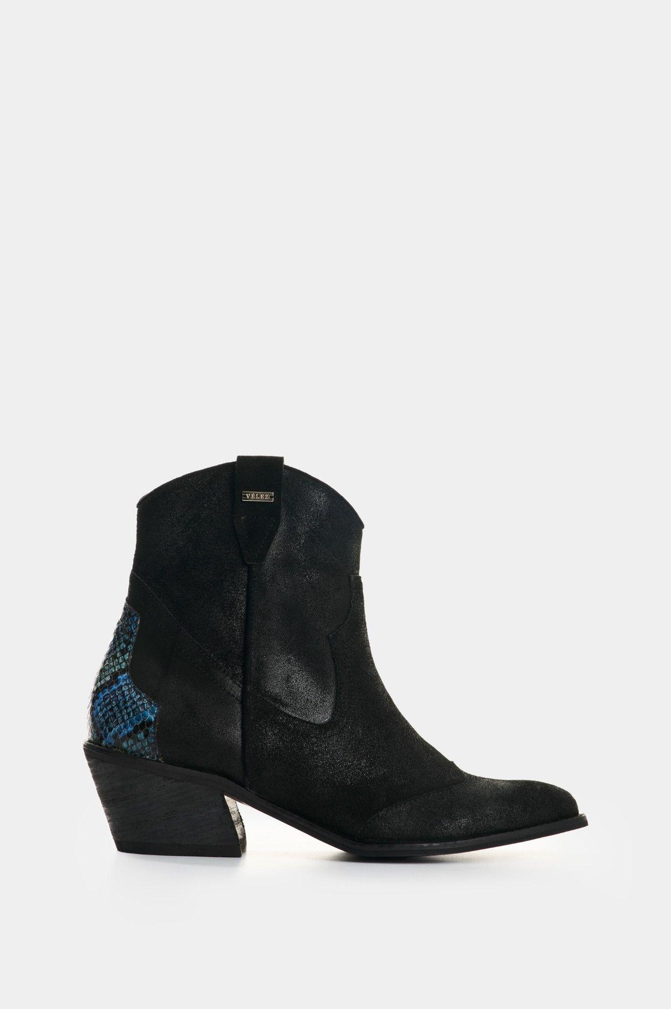Vélez Botines Texanos De Cuero Gamuzado Mujer Sahara Negro-4