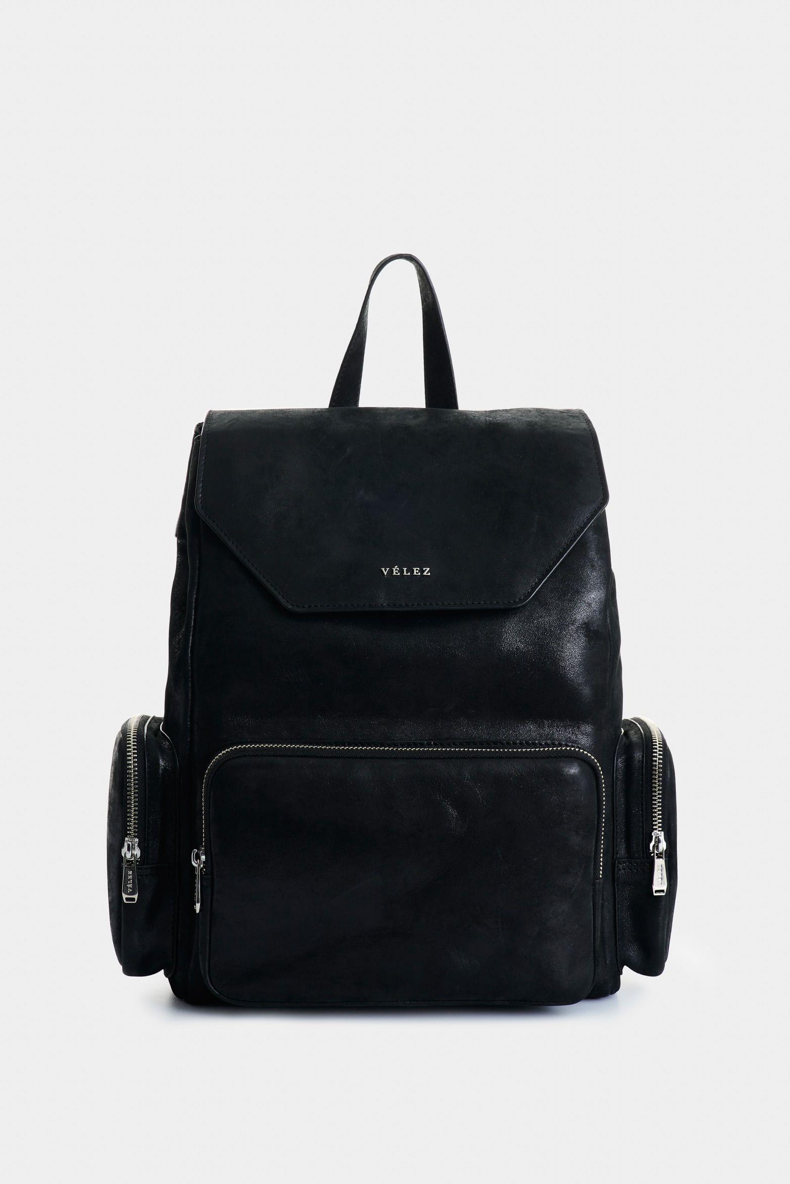 Vélez Mochila Silene De Cuero Mujer Tapa Hexagonal Negro-0