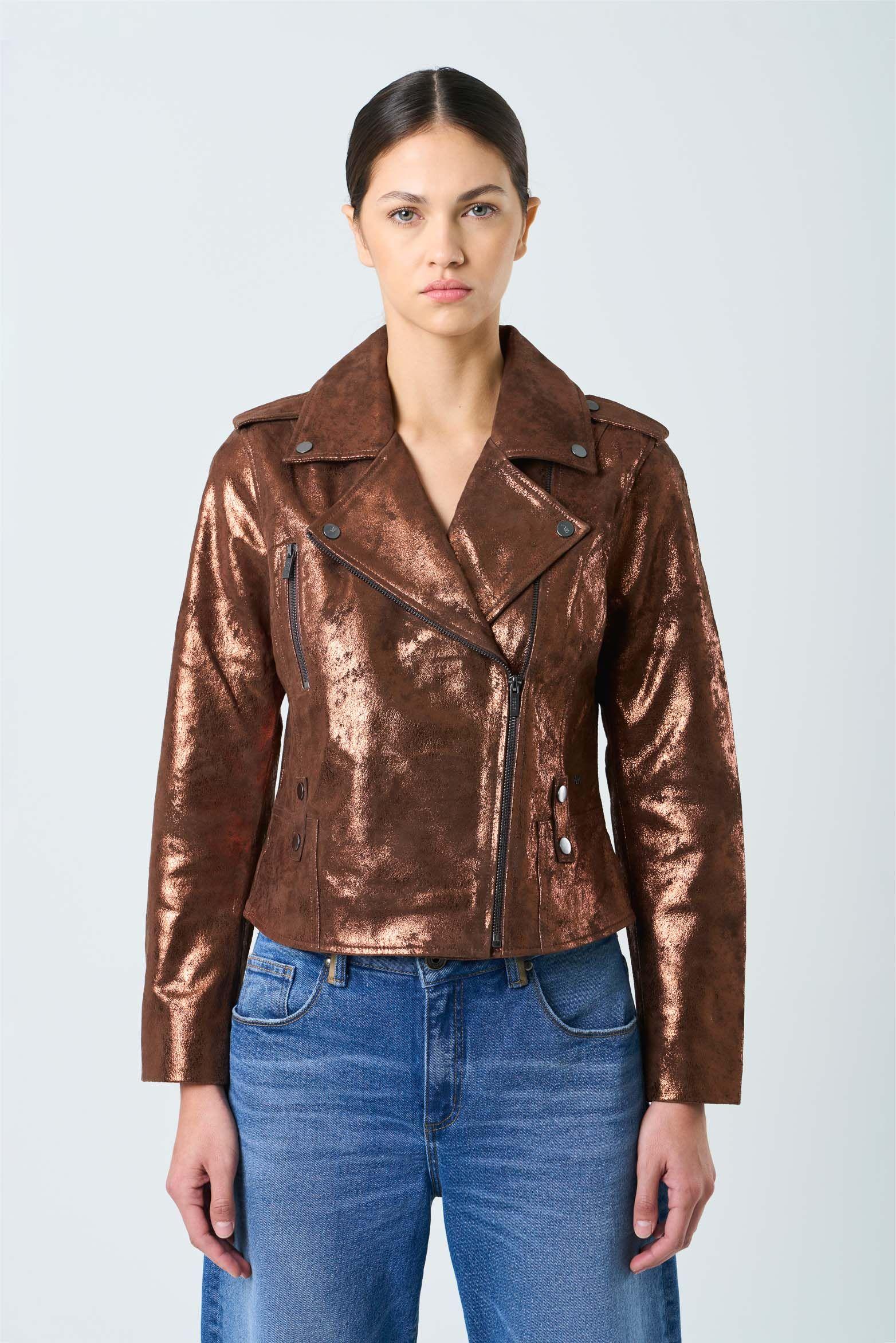 Vélez Chaqueta Biker De Cuero Para Mujer Royal Glass Bronce-0