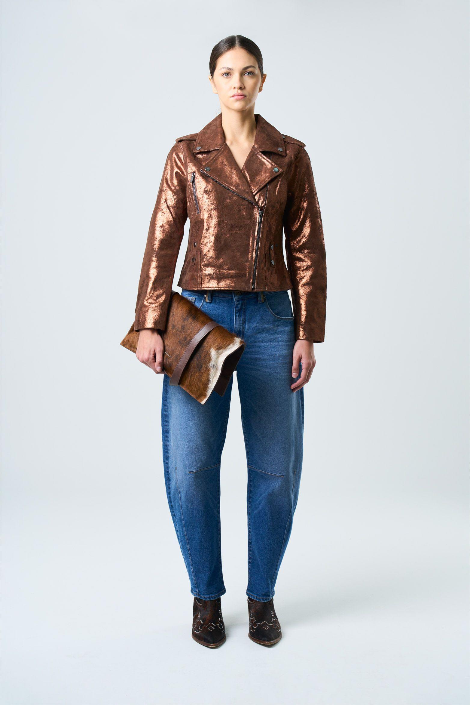 Vélez Chaqueta Biker De Cuero Para Mujer Royal Glass Bronce-3