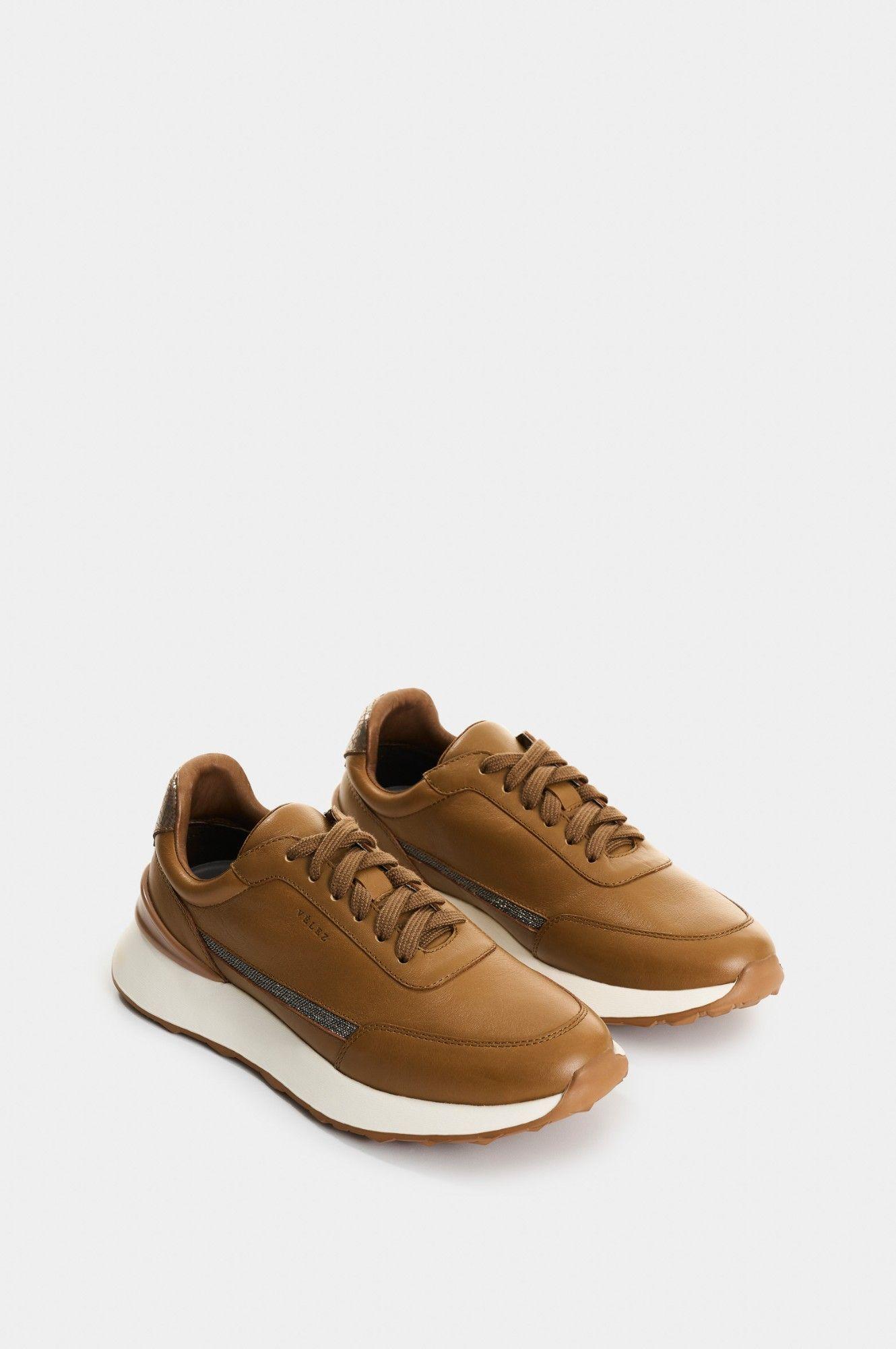 Vélez Zapatilla Tenis Cuero Detalle Millaré Mujer Pearl Miel-1