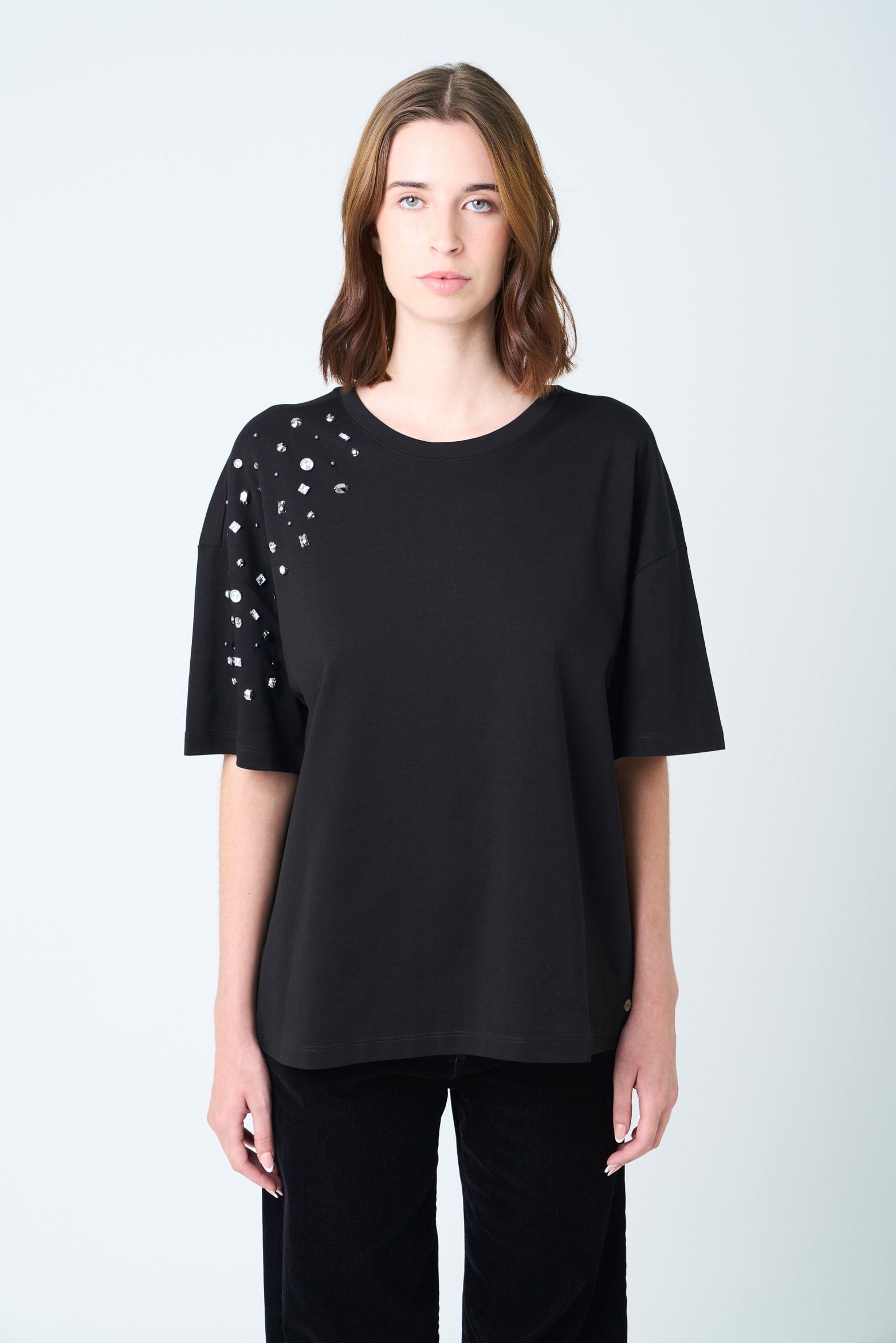 Vélez Polera Manga Corta Ocaso Para Mujer Cristales Negro-0