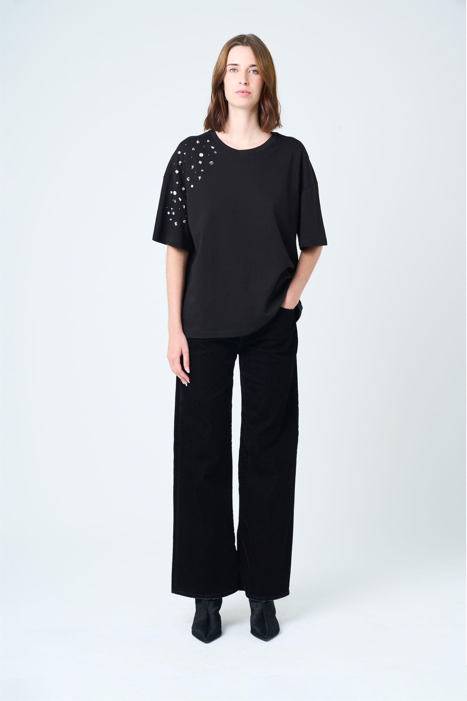 Vélez Polera Manga Corta Ocaso Para Mujer Cristales Negro-3