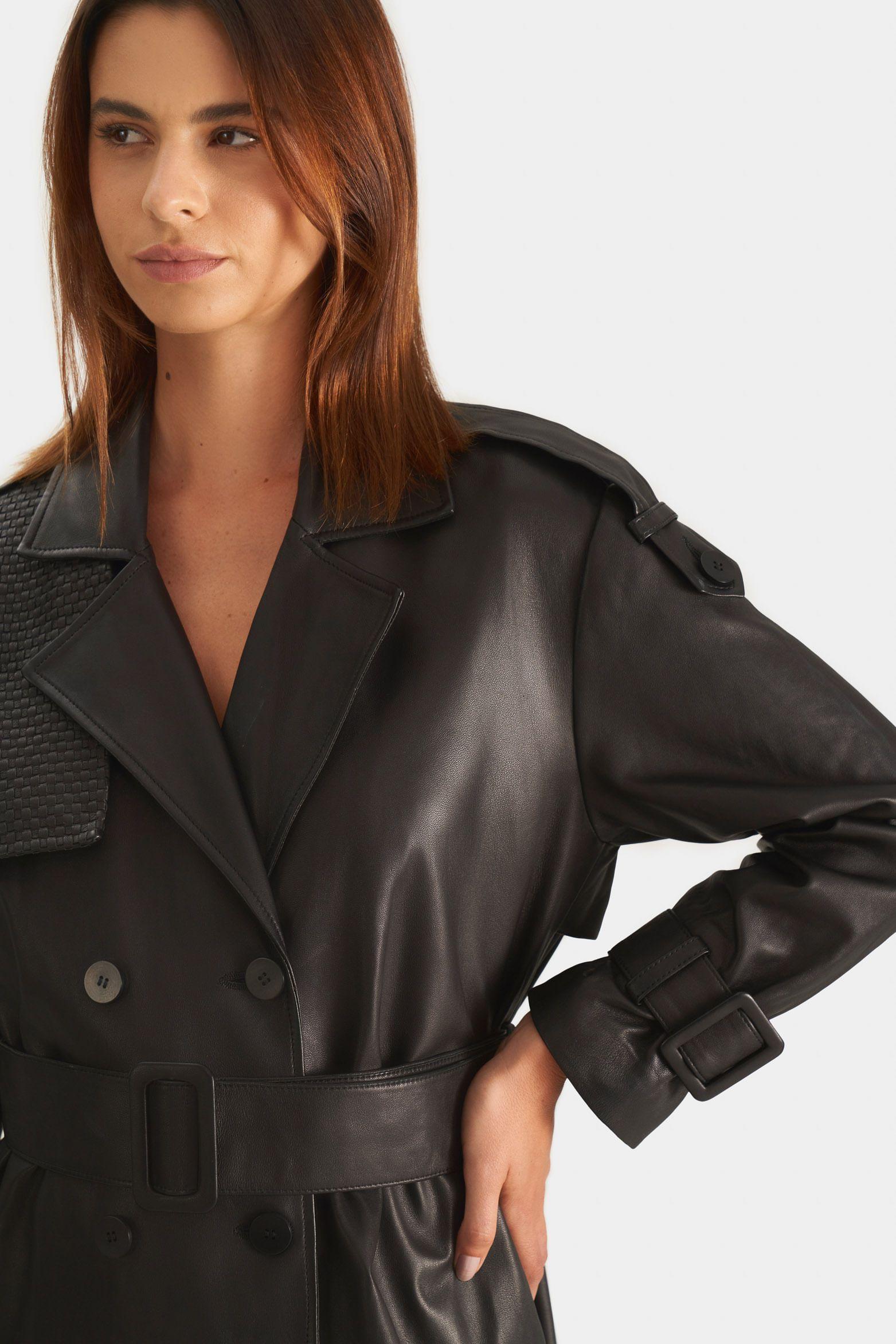 Vélez Trench Coat Bora De Cuero Ovino Para Mujer Negro-1
