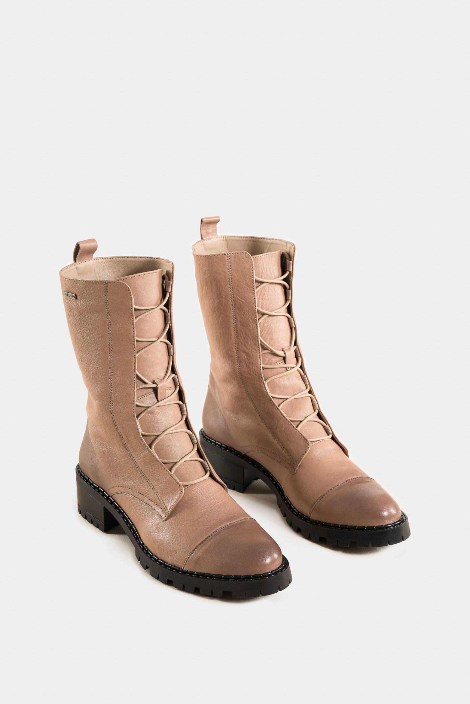 Vélez Botines Militar Cuero Suave Mujer Beige-1