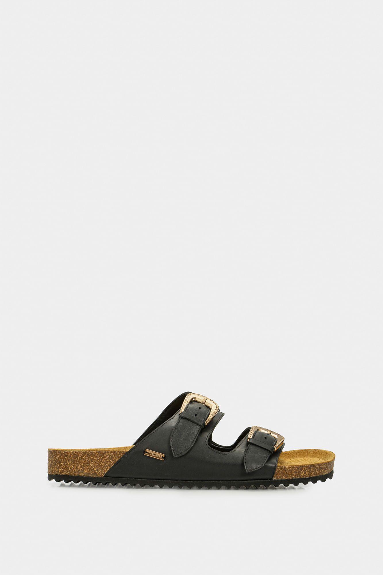 Vélez Sandalia Plana Pilos De Cuero Mujer Suela Corcho Negro-0