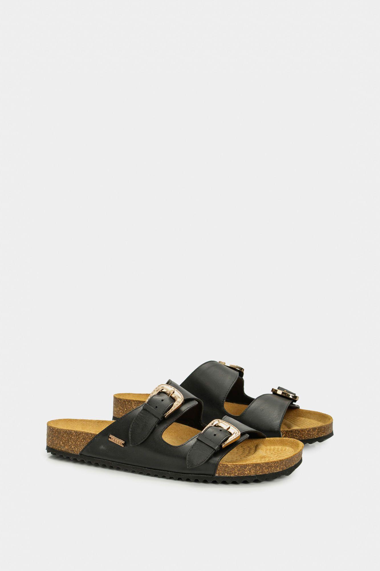 Vélez Sandalia Plana Pilos De Cuero Mujer Suela Corcho Negro-1