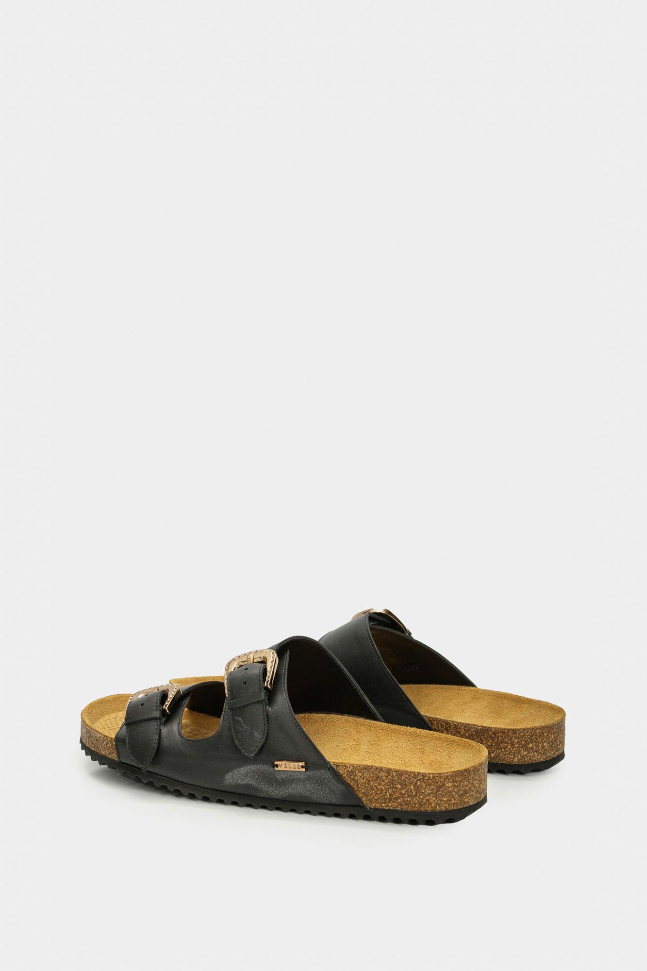 Vélez Sandalia Plana Pilos De Cuero Mujer Suela Corcho Negro-2