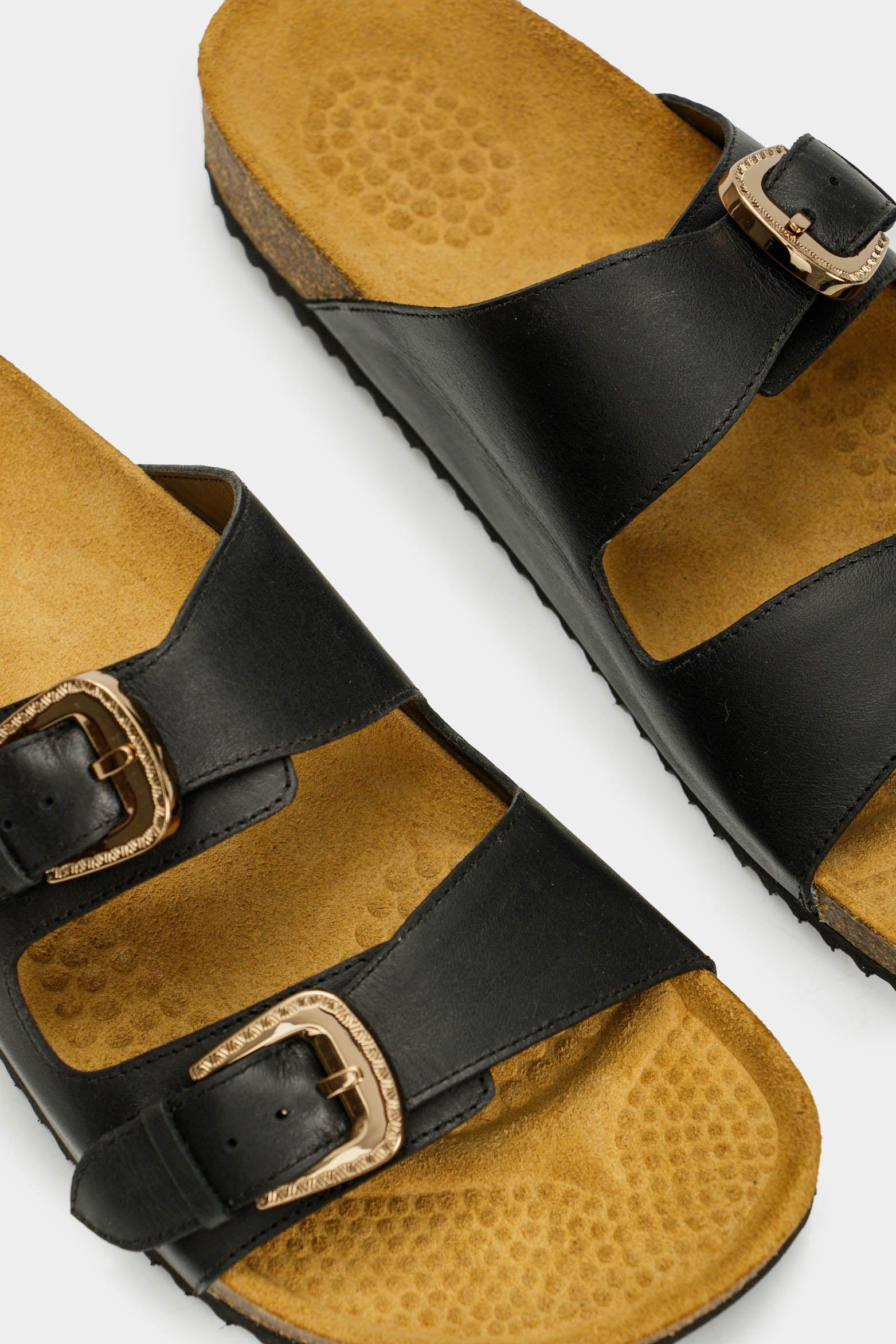 Vélez Sandalia Plana Pilos De Cuero Mujer Suela Corcho Negro-3