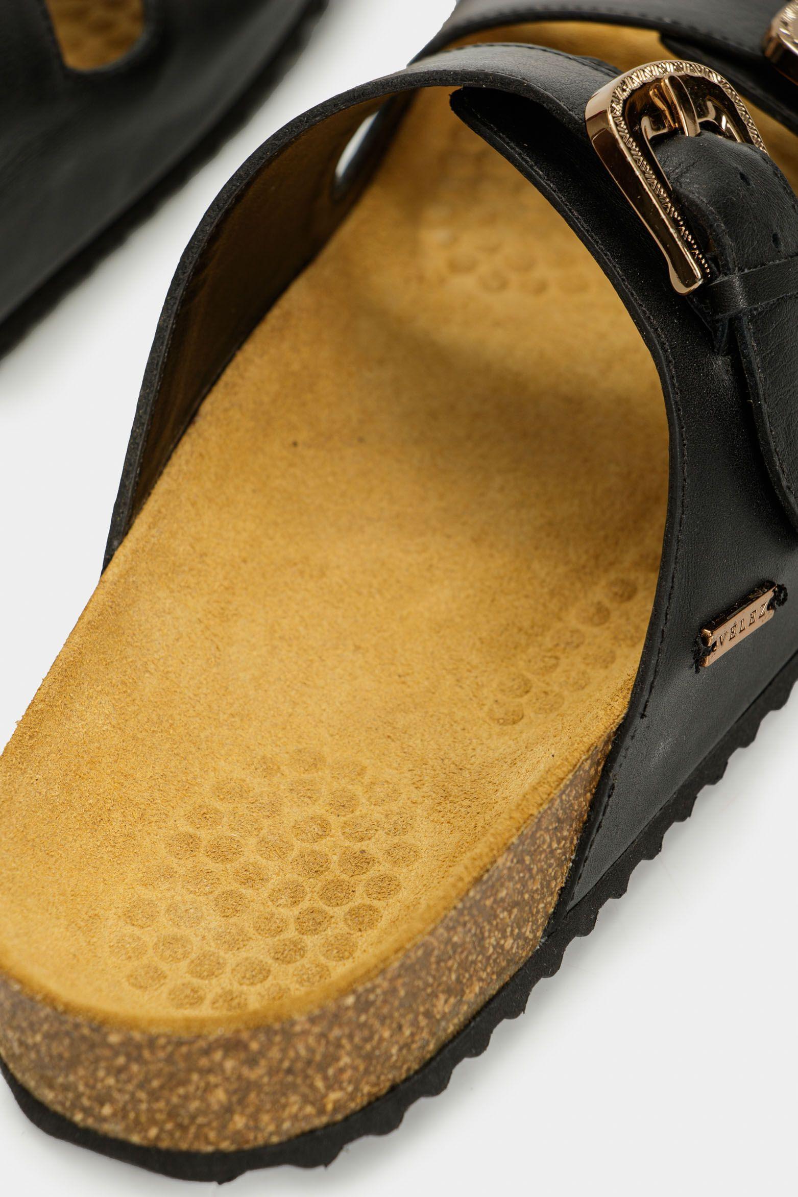 Vélez Sandalia Plana Pilos De Cuero Mujer Suela Corcho Negro-4