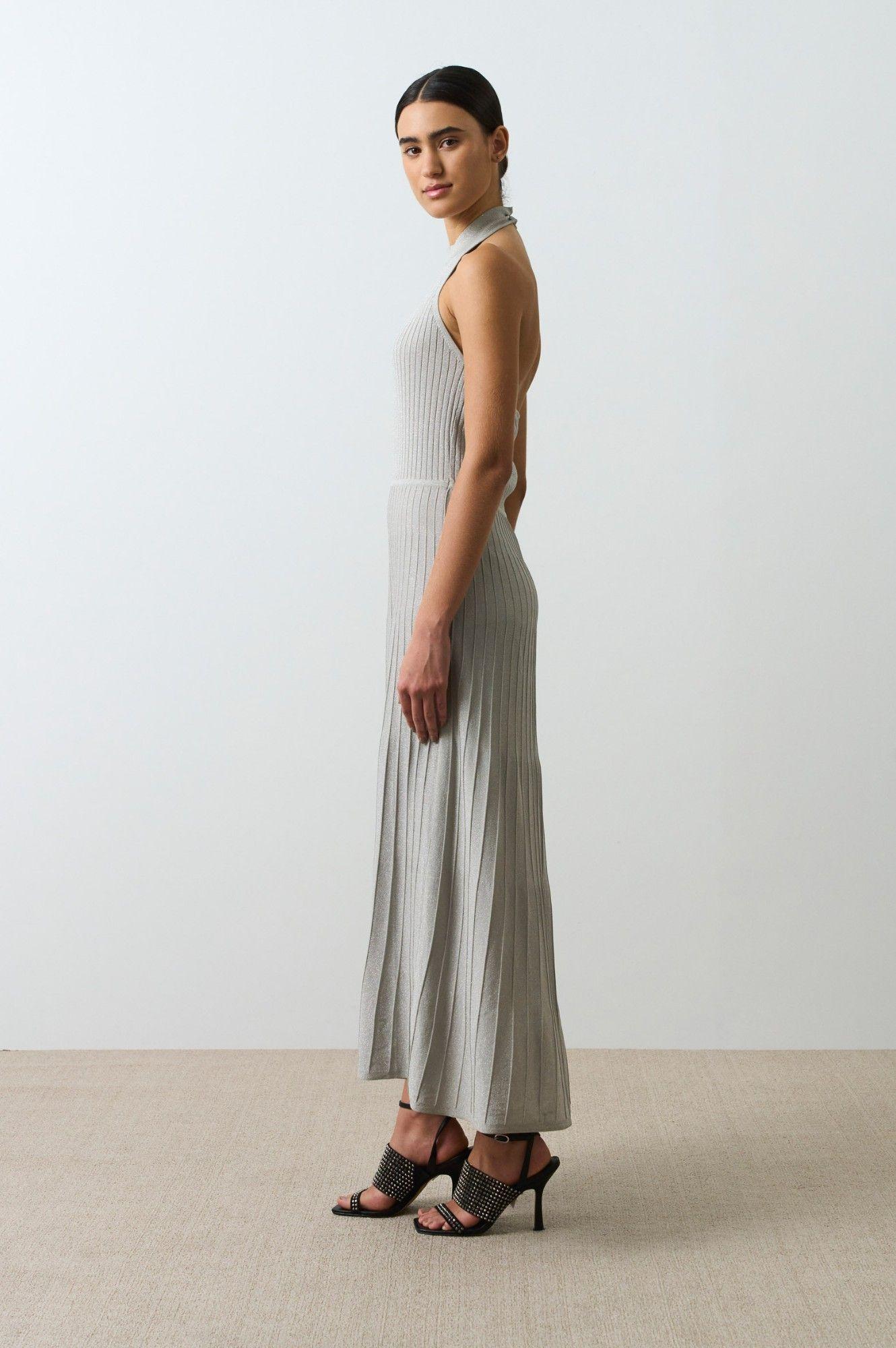Vélez Vestido Tejido Cuello Halter Mujer Bruma Plata-1