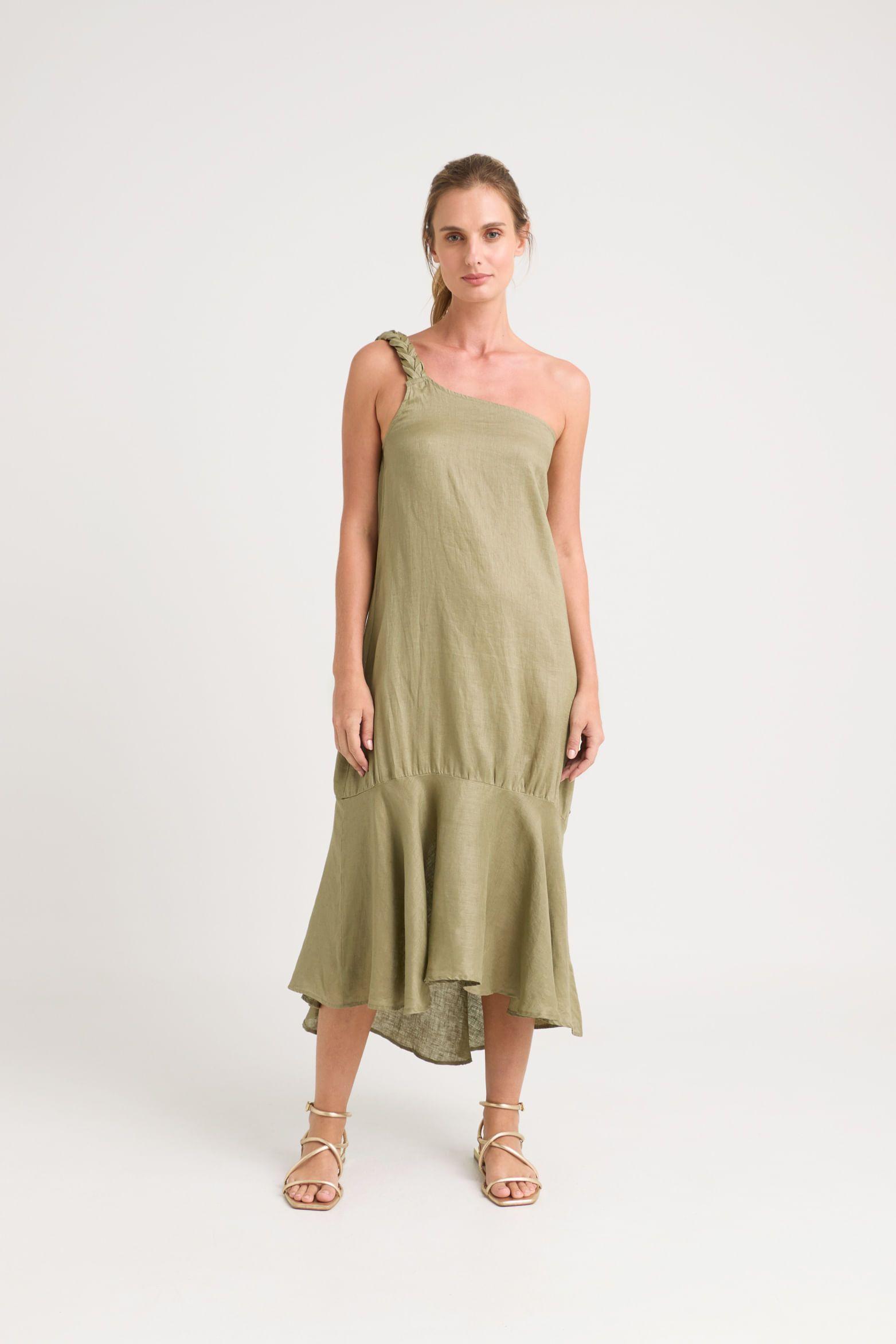 Vélez Vestido Midi Aurora Lino Mujer Verde Oliva-0