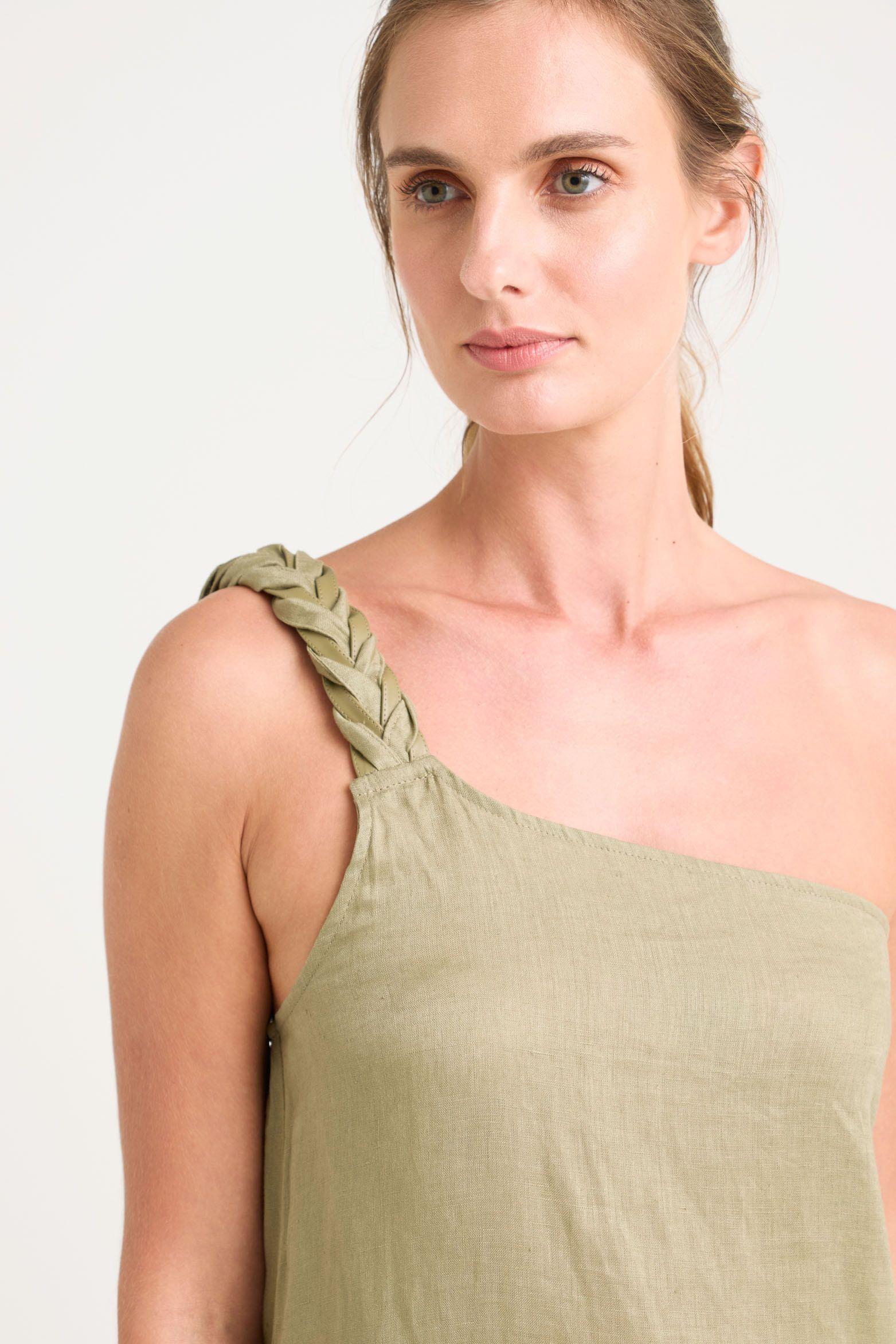 Vélez Vestido Midi Aurora Lino Mujer Verde Oliva-1