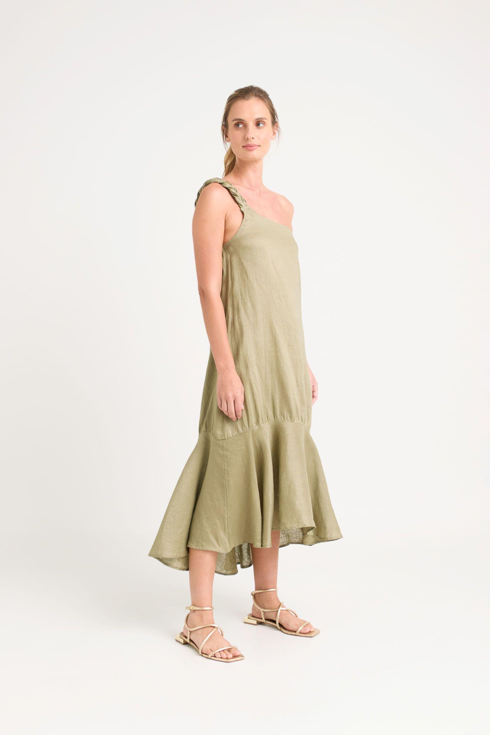 Vélez Vestido Midi Aurora Lino Mujer Verde Oliva-2