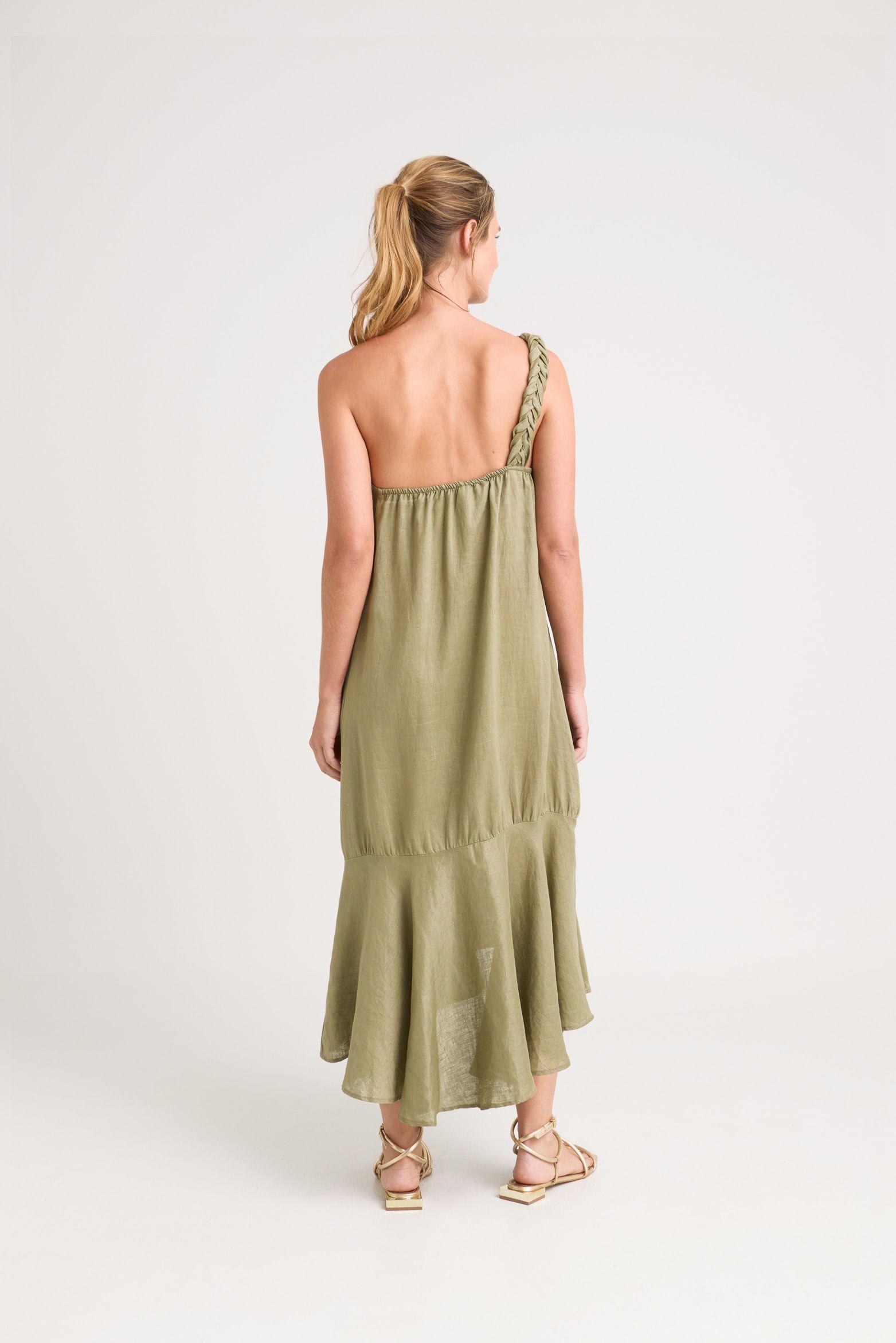 Vélez Vestido Midi Aurora Lino Mujer Verde Oliva-4