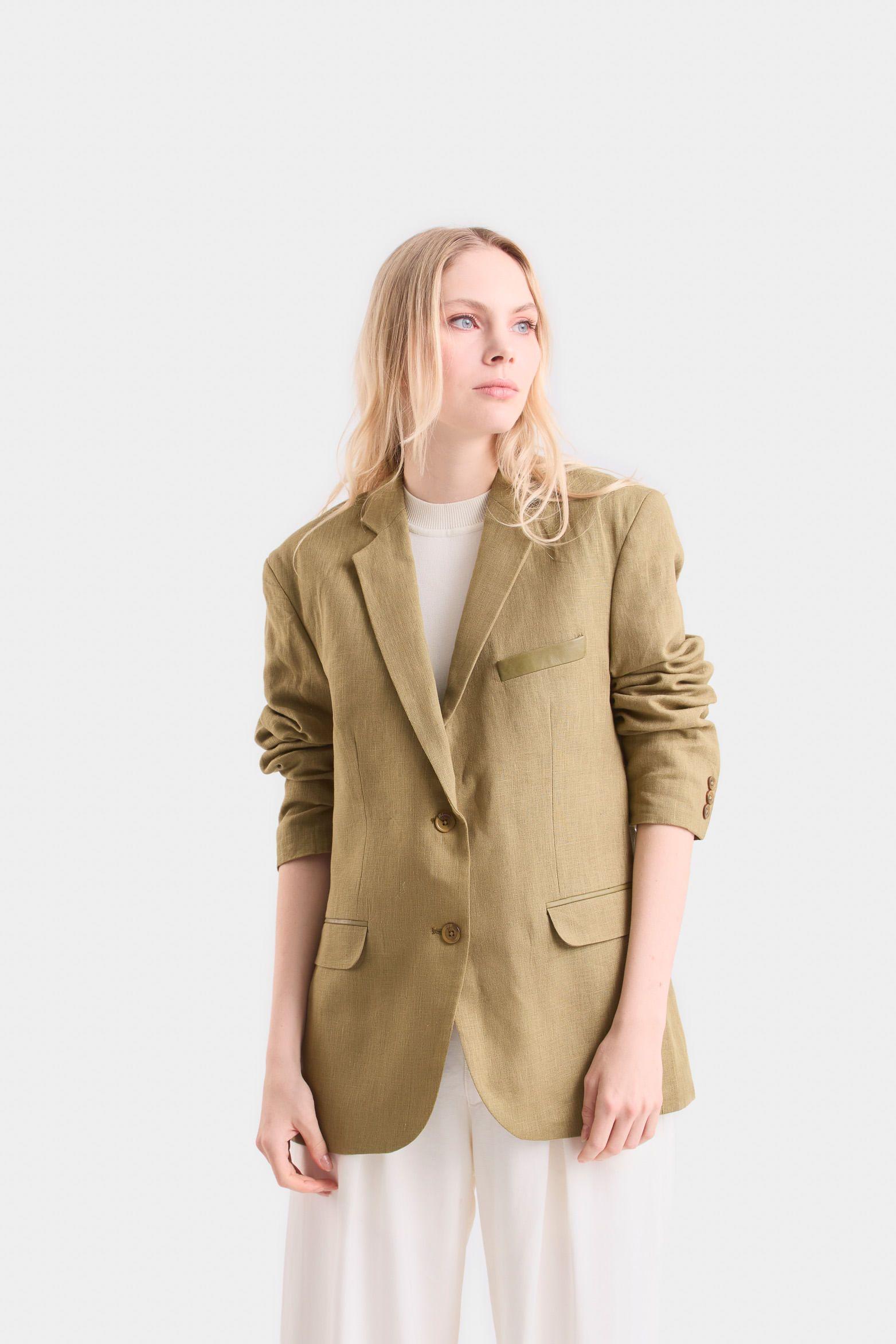 Vélez Blazer Aurora En Lino  Mujer Fit Holgado Verde Oliva-0