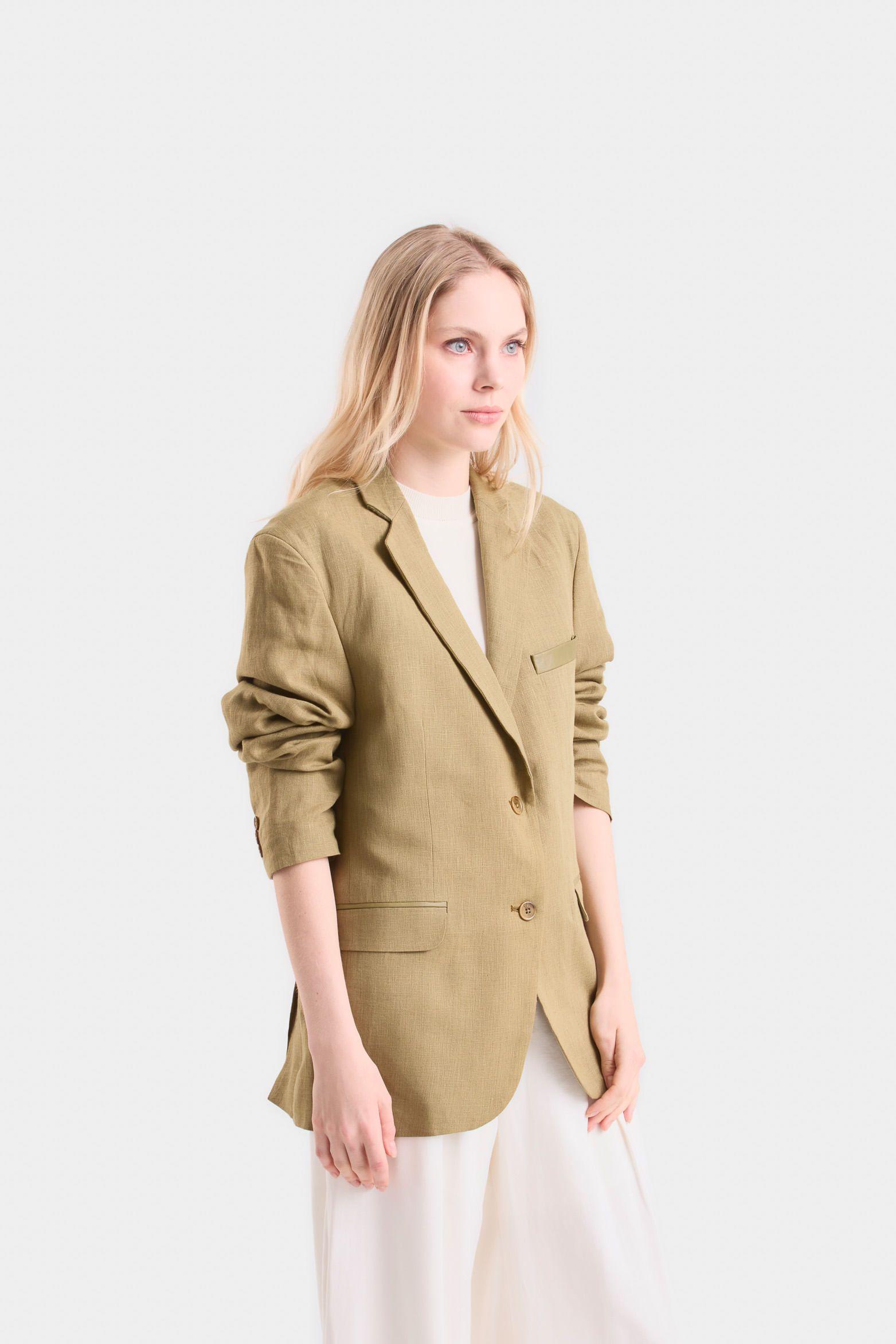 Vélez Blazer Aurora En Lino  Mujer Fit Holgado Verde Oliva-2