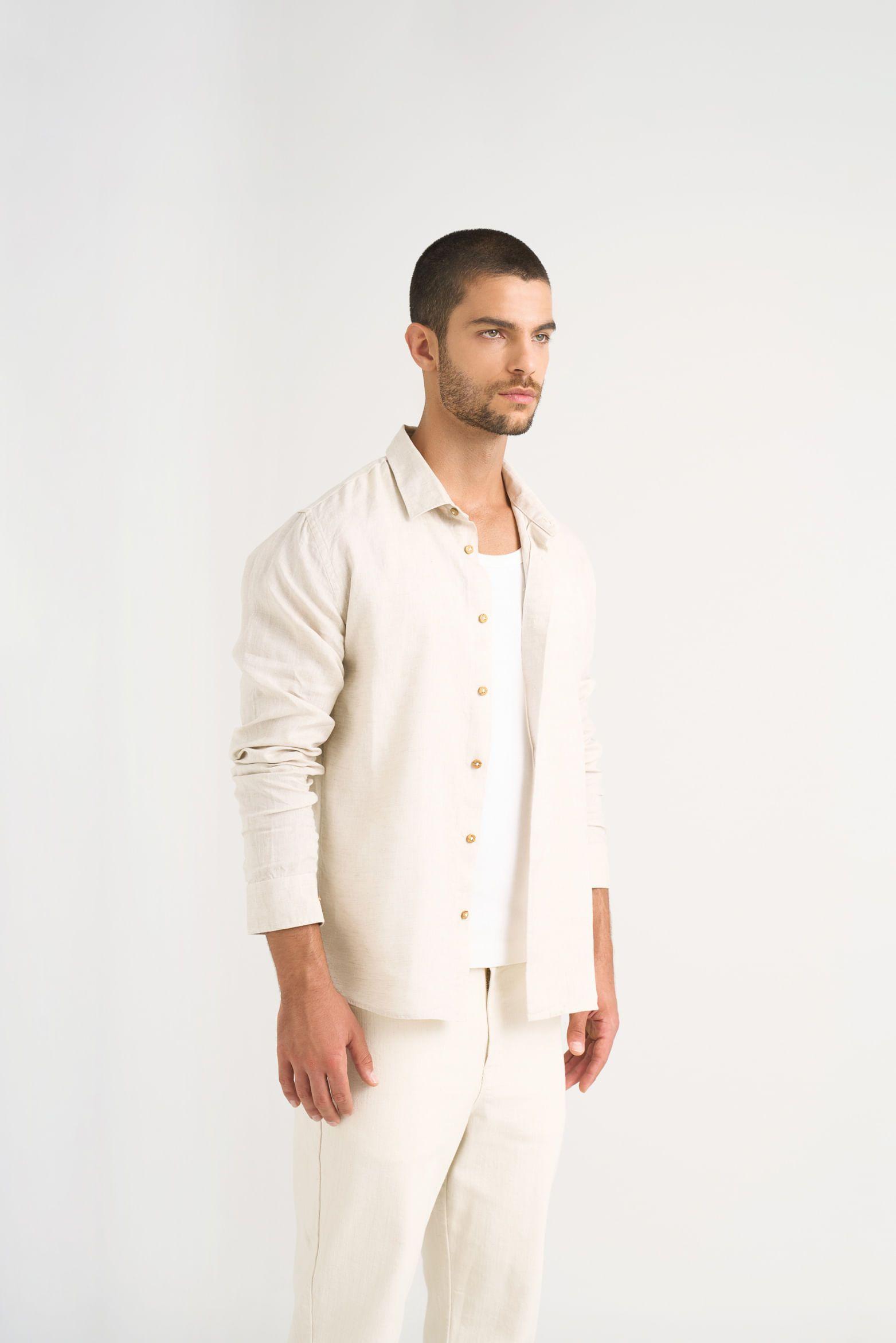 Vélez Camisa Manga Larga Lino Hombre Semi Ajustada Gris-3