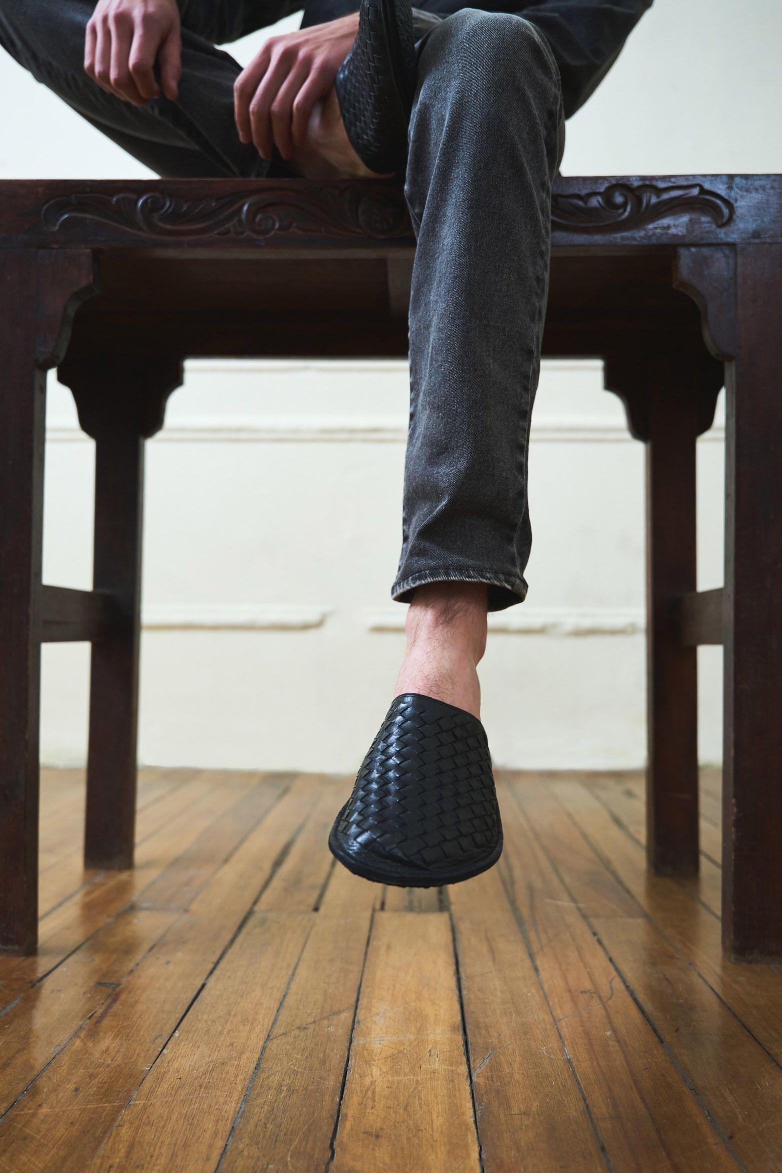 Vélez Slipper Tejido En Cuero Para Hombre Confort Negro-5