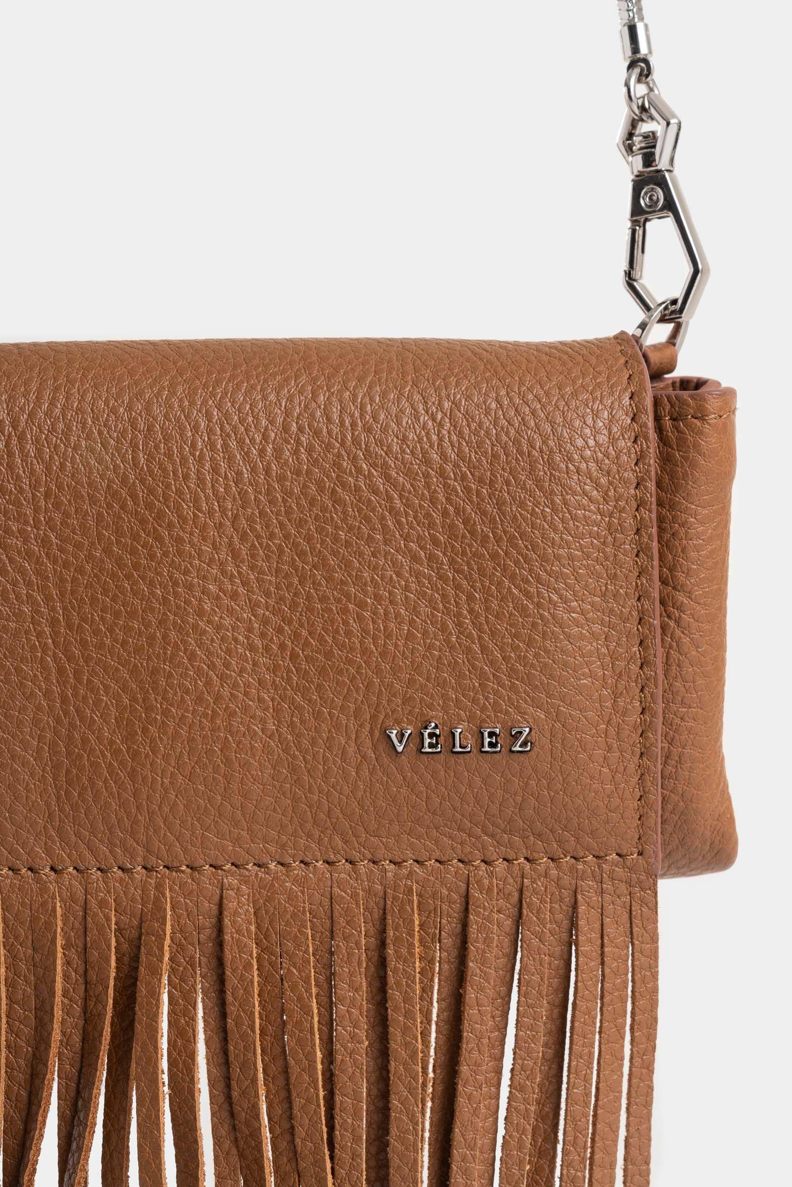 Mini manos libres Tabit de cuero para mujer flecos miel-3