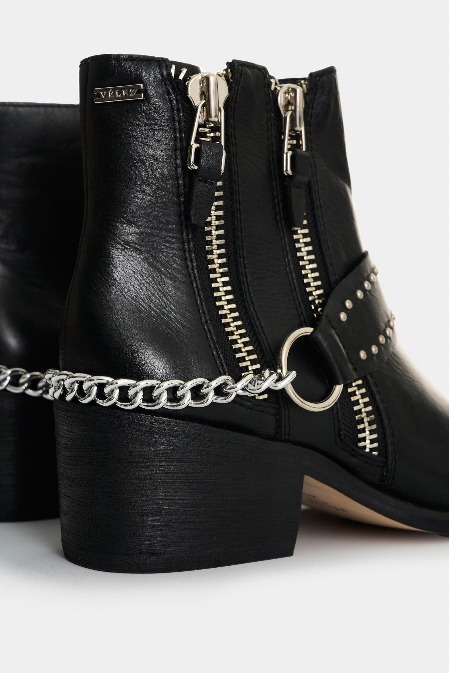 Vélez Botines Silueta Texana De Cuero Mujer Saturno Negro-4