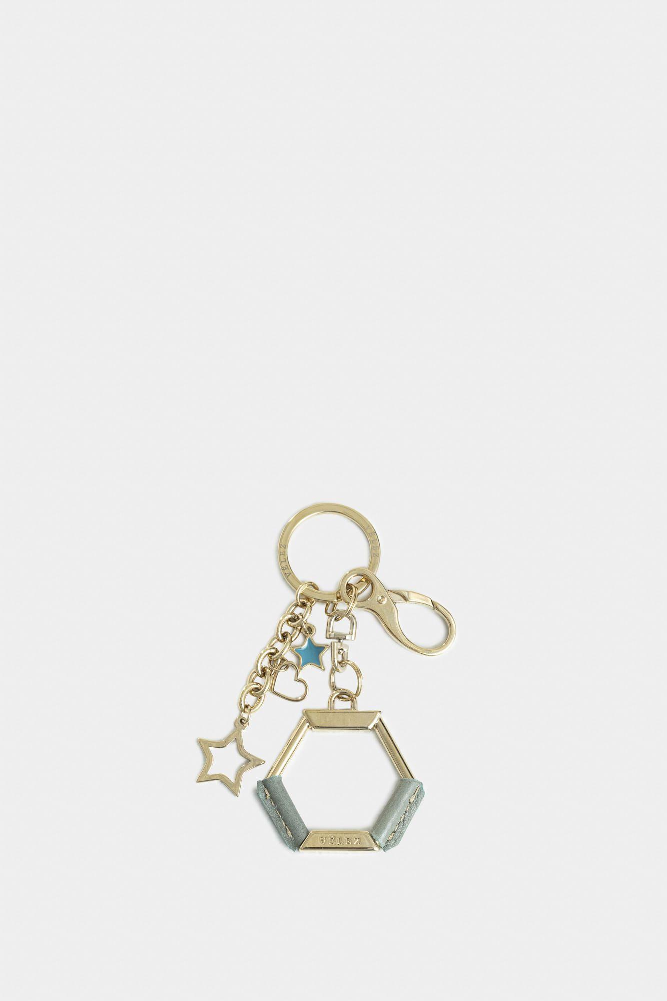 Llavero hexagonal zamak y cuero para mujer charms resina Agua Marina-0