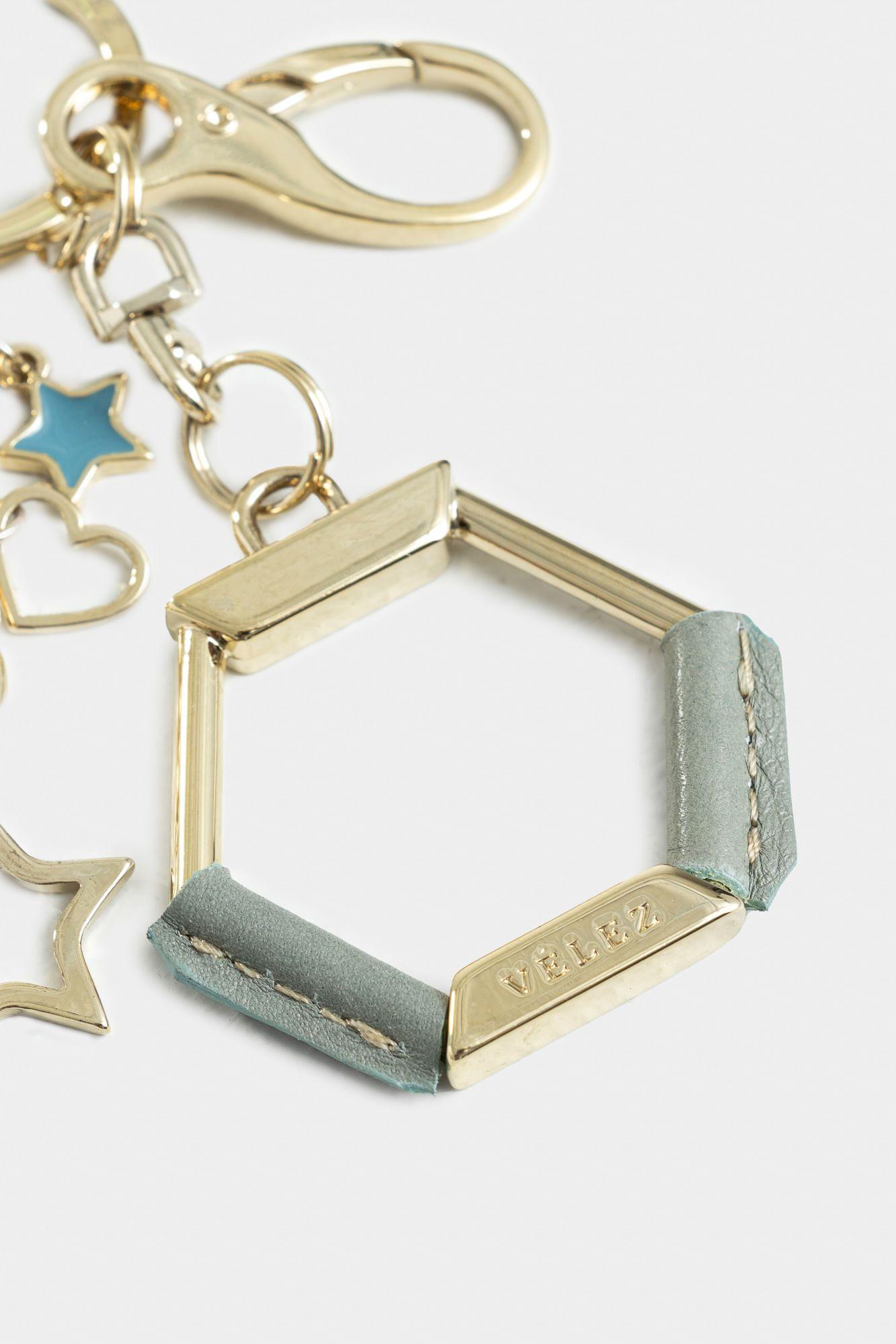 Llavero hexagonal zamak y cuero para mujer charms resina Agua Marina-1
