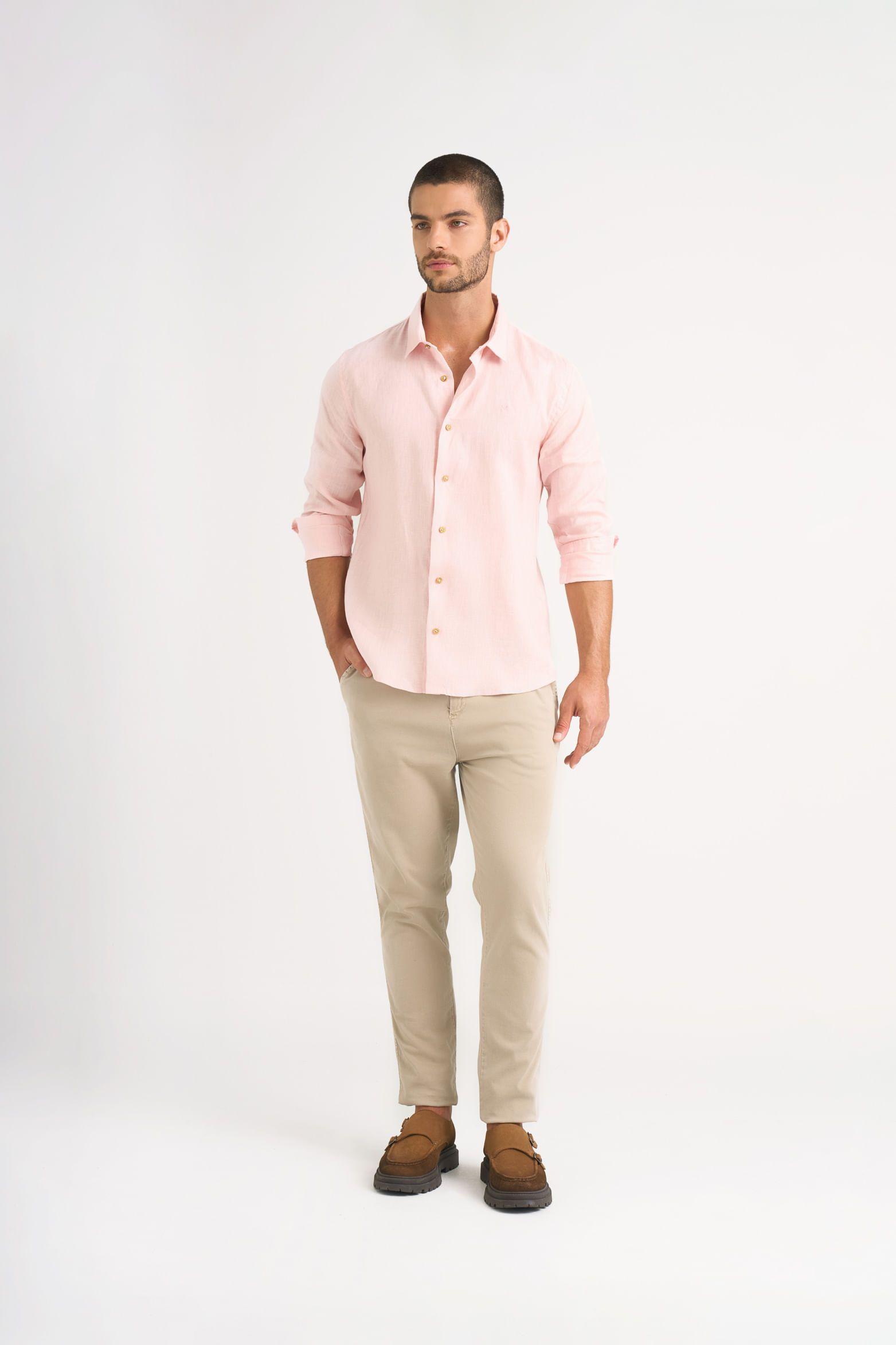 Vélez Camisa Manga Larga Lino Hombre Semi Ajustada Rosado-1