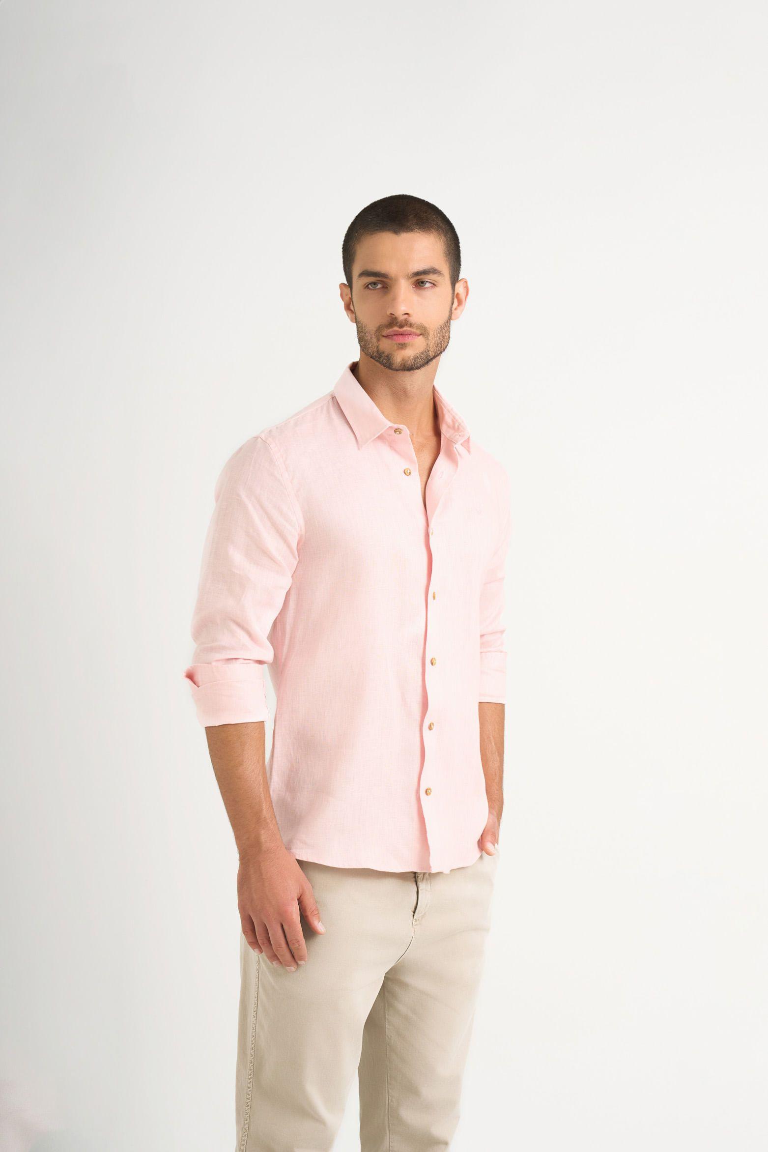 Vélez Camisa Manga Larga Lino Hombre Semi Ajustada Rosado-3