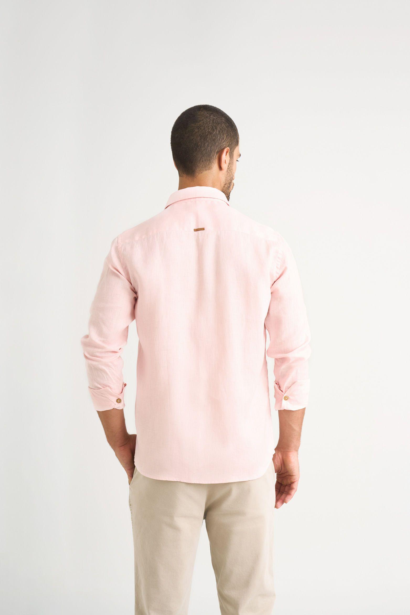 Vélez Camisa Manga Larga Lino Hombre Semi Ajustada Rosado-5