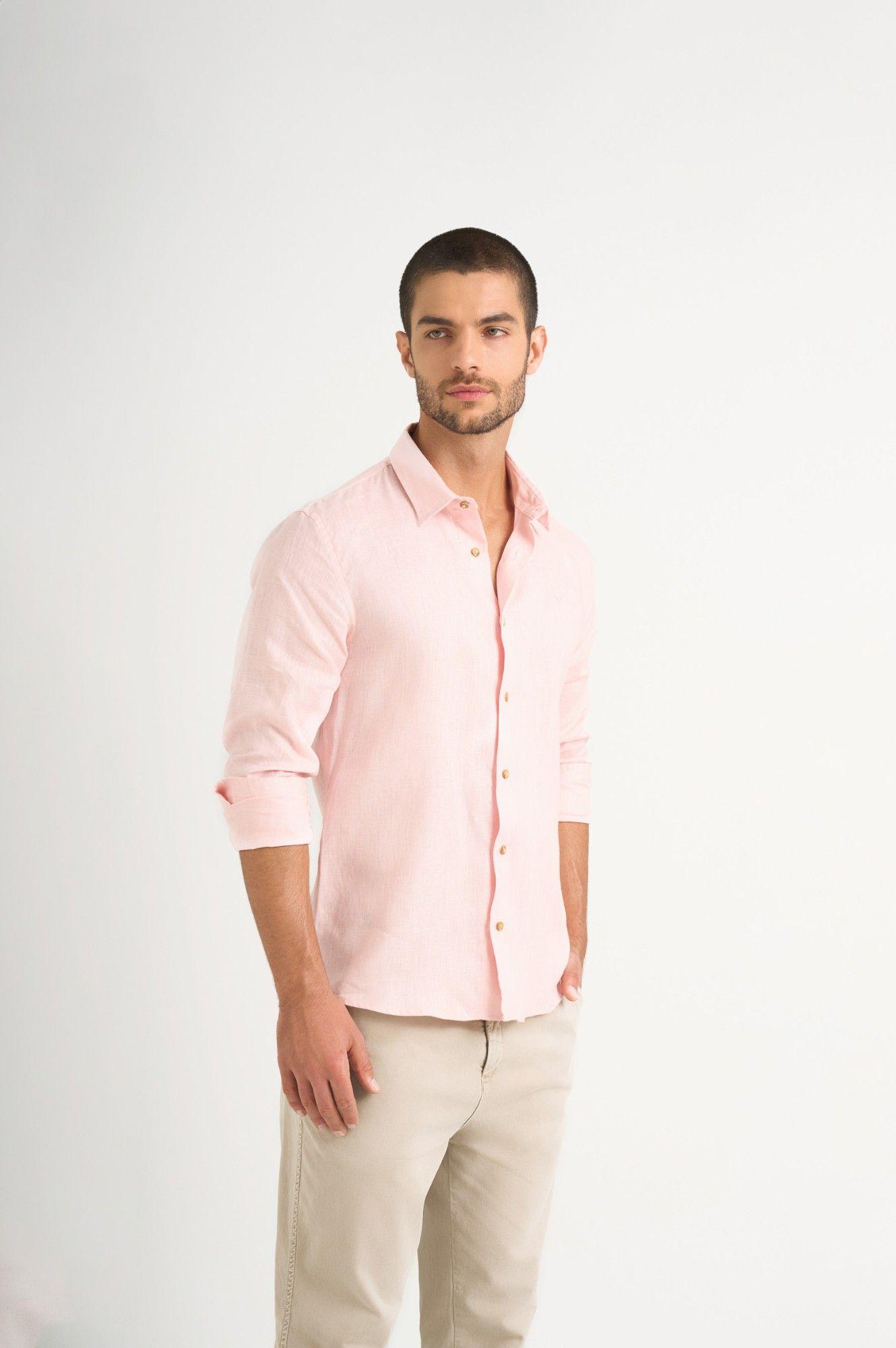 Vélez Camisa Manga Larga Lino Hombre Semi Ajustada Rosado-3