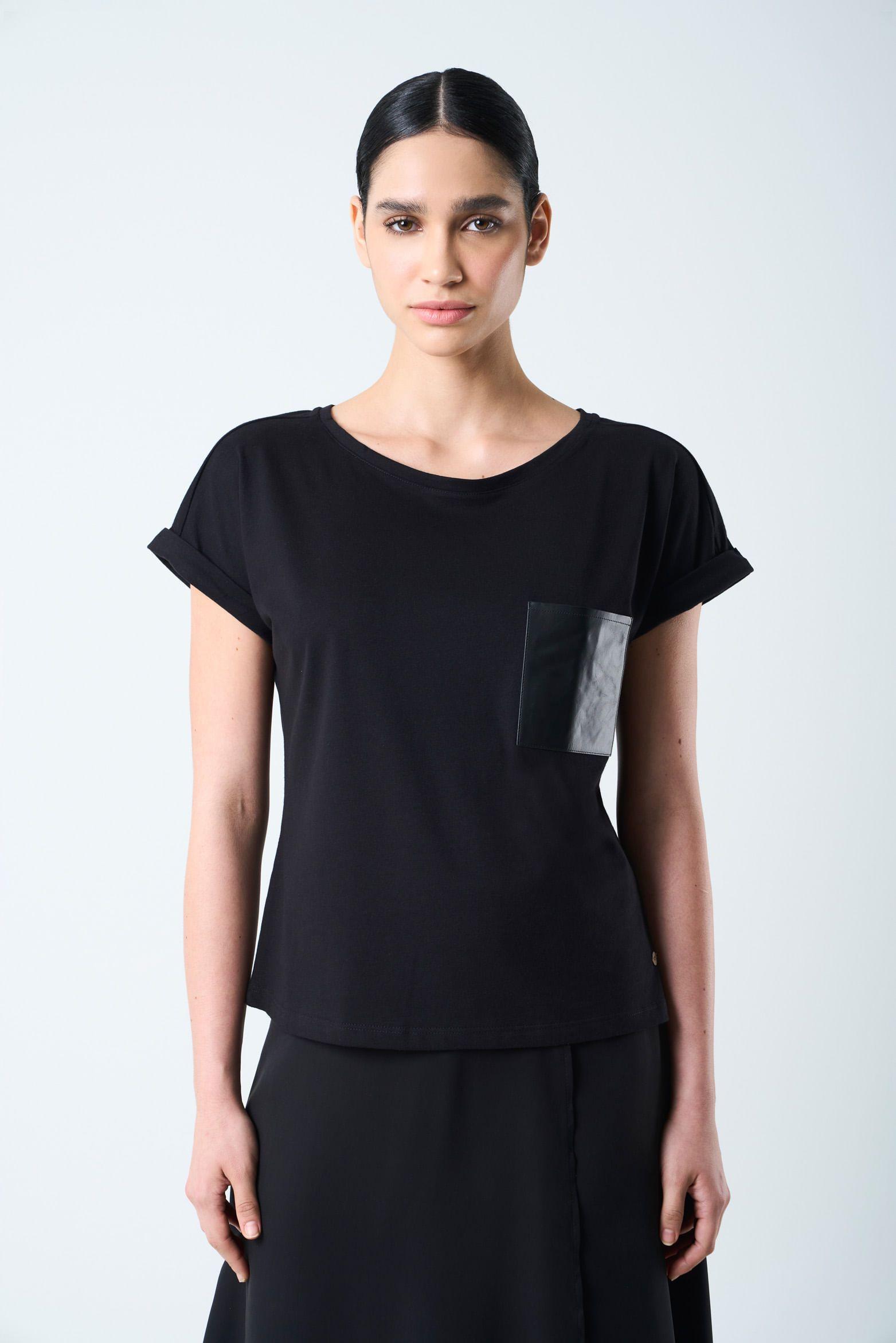 Vélez Camiseta Manga Corta Para Mujer Bolsillo Cuero Negro-0