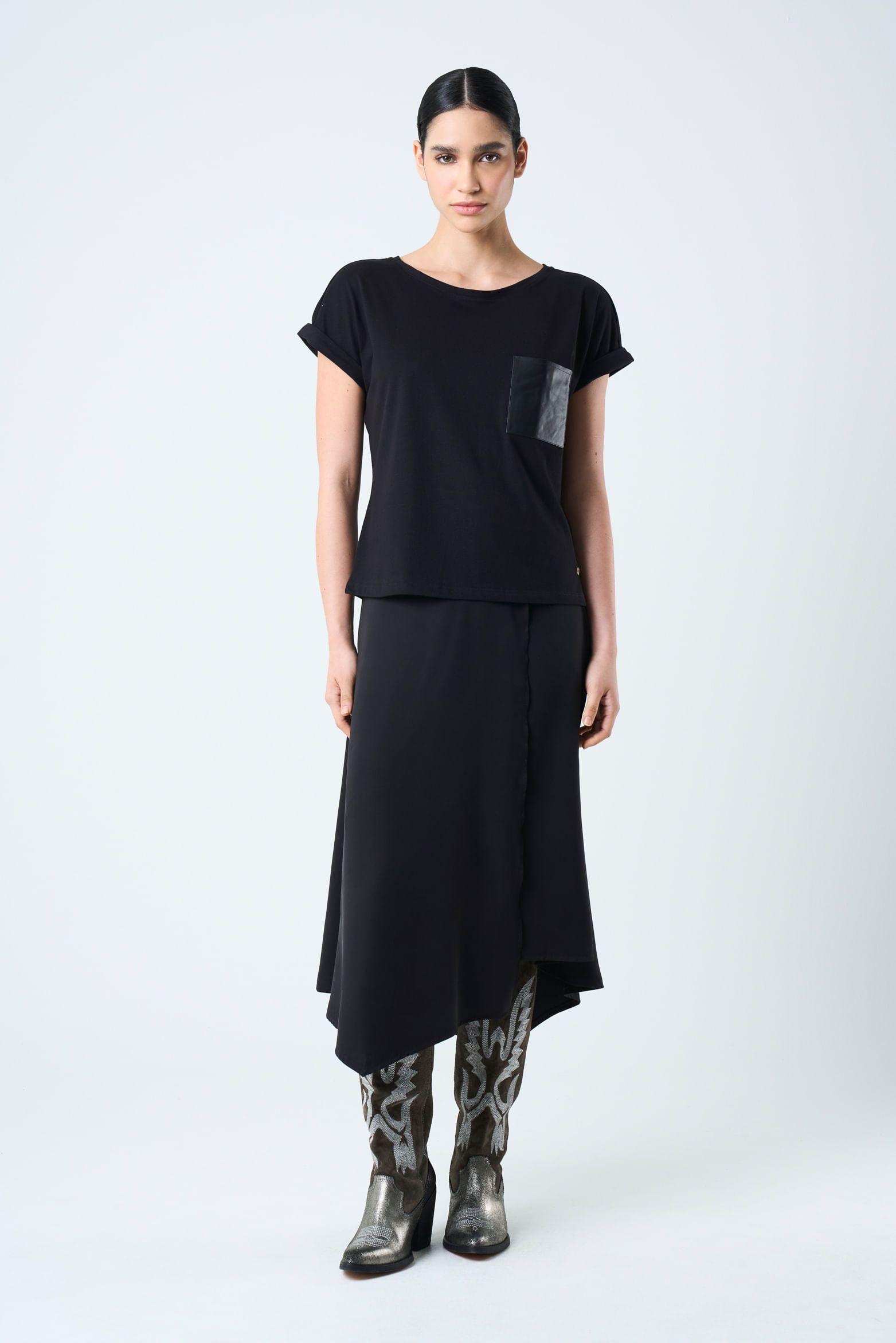 Vélez Camiseta Manga Corta Para Mujer Bolsillo Cuero Negro-3