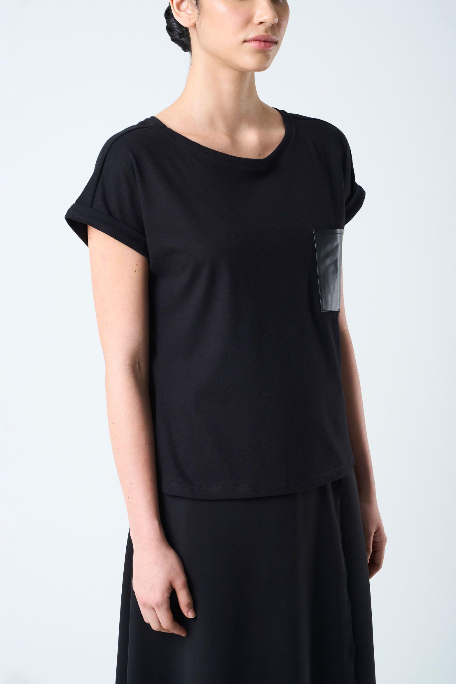 Vélez Camiseta Manga Corta Para Mujer Bolsillo Cuero Negro-4