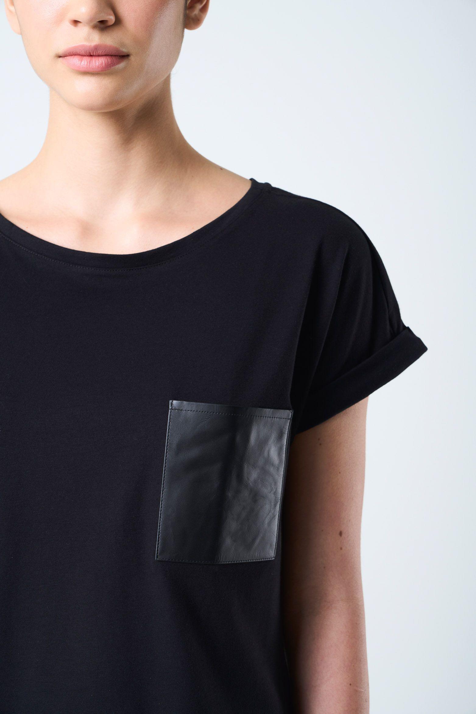 Vélez Camiseta Manga Corta Para Mujer Bolsillo Cuero Negro-5