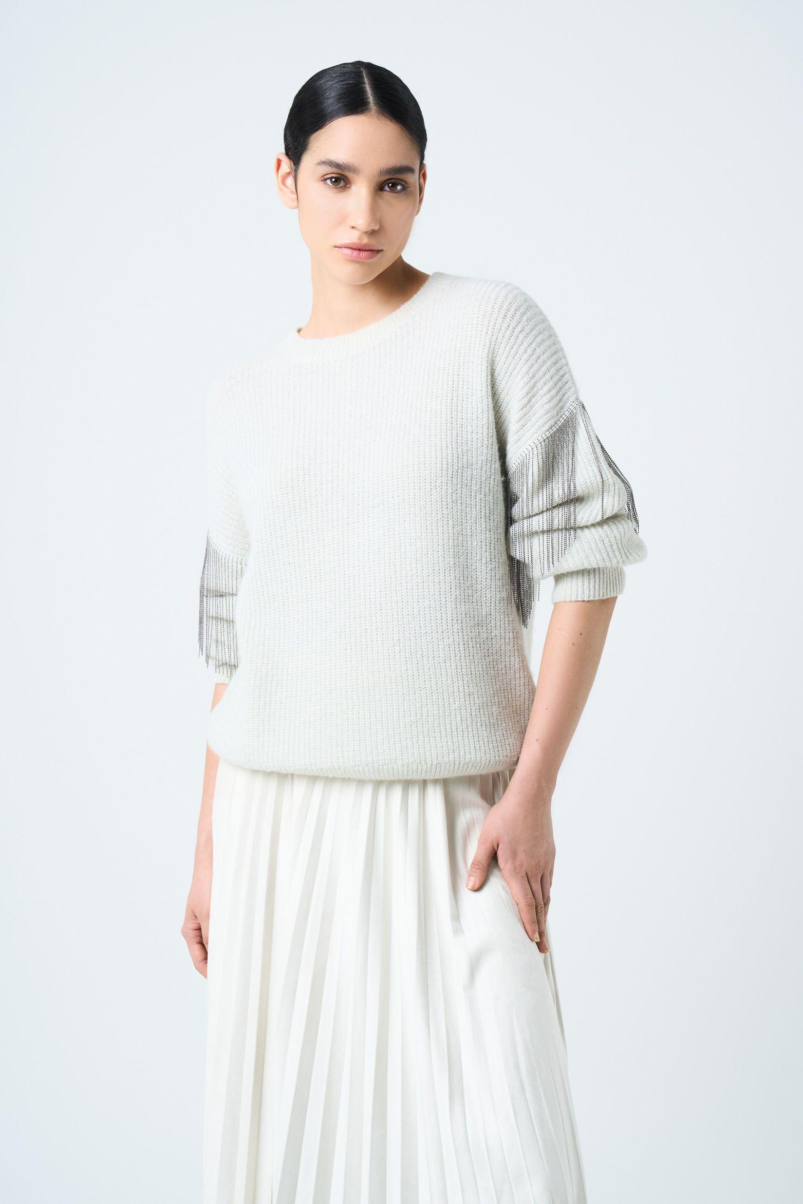 Vélez Sweater Draco Tejido Mujer Detalle Flecos Millaré Crema-0