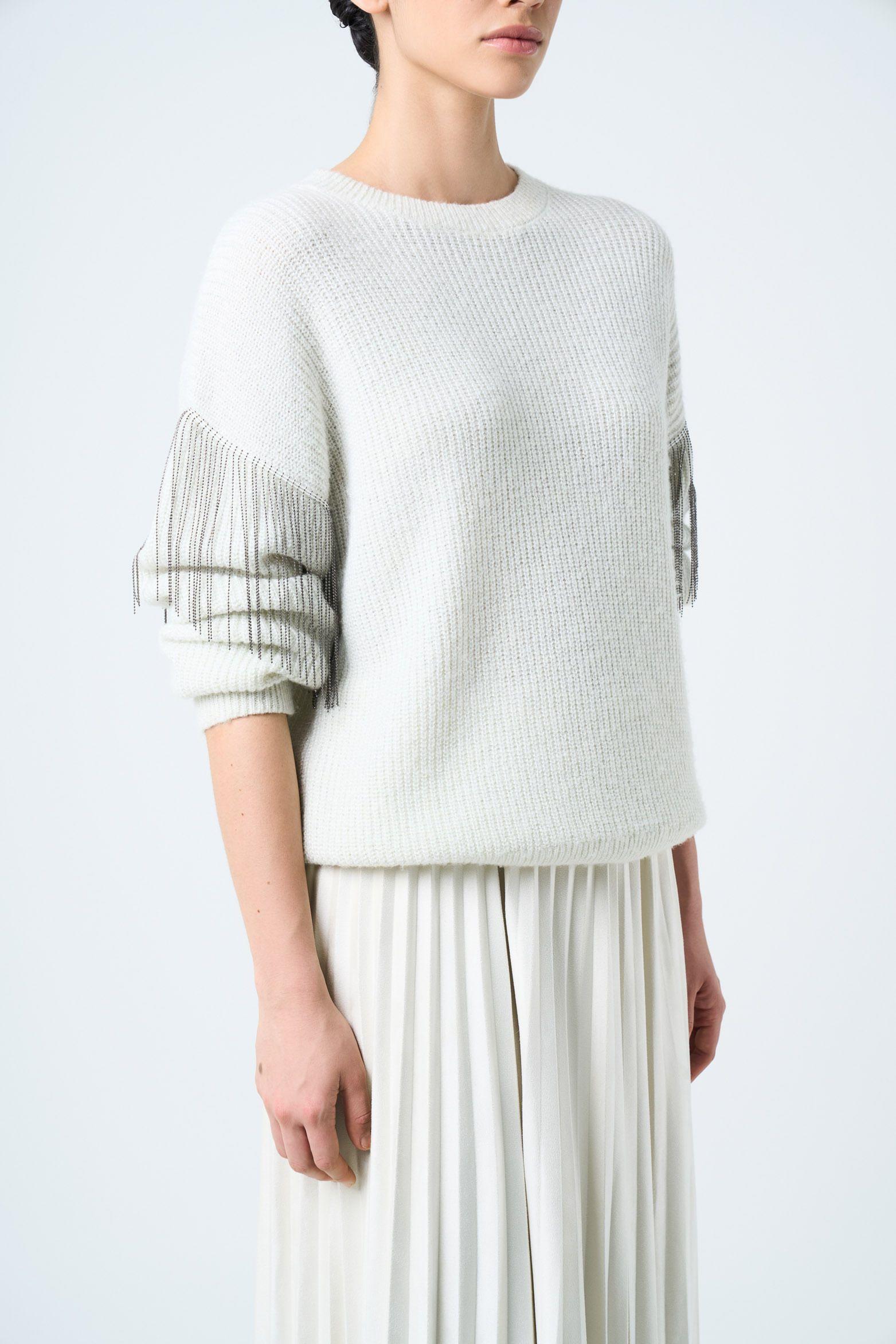 Vélez Sweater Draco Tejido Mujer Detalle Flecos Millaré Crema-4