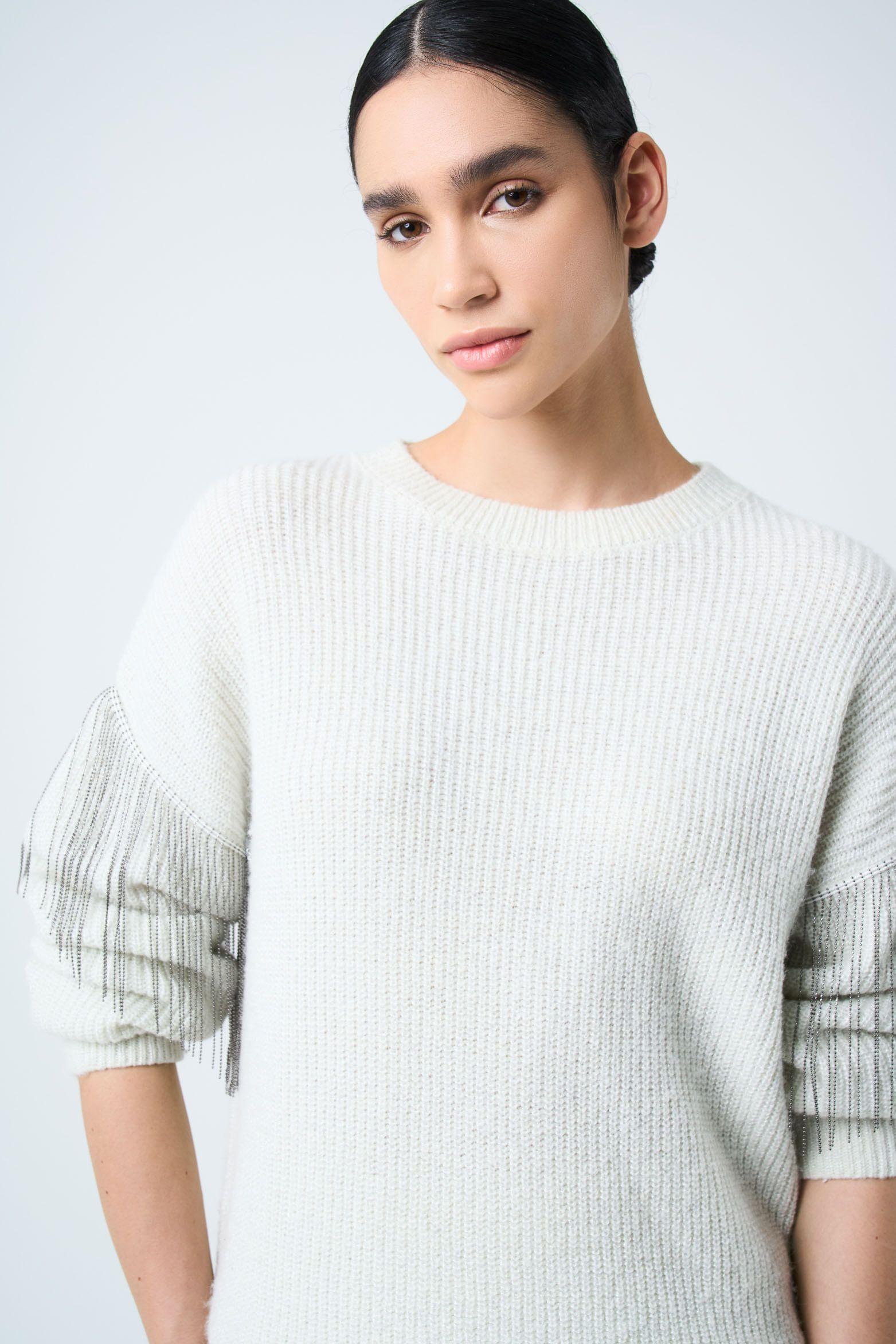 Vélez Sweater Draco Tejido Mujer Detalle Flecos Millaré Crema-5