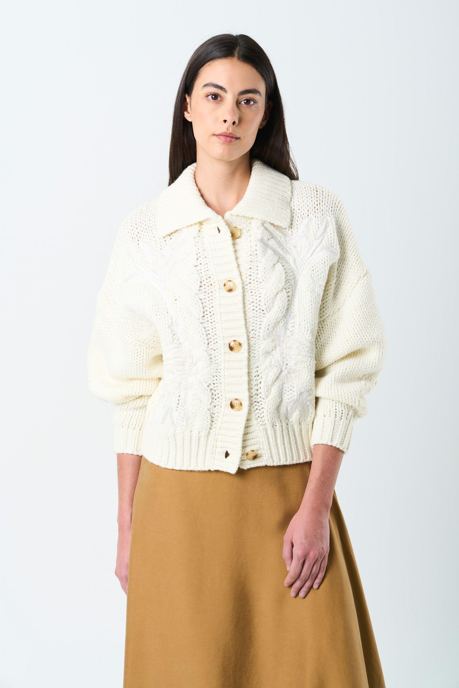 Vélez Cardigan Kalixto Tejido Para Mujer Bordado Crema-0