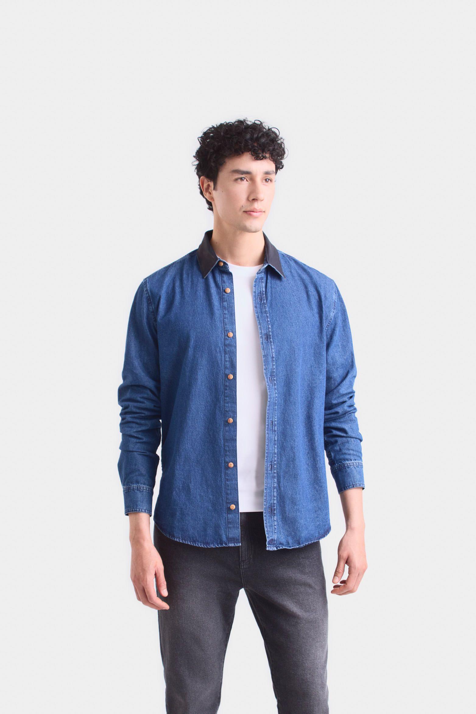 Vélez Camisa Obi De Algodón  Hombre Cuello En Cuero Azul-0