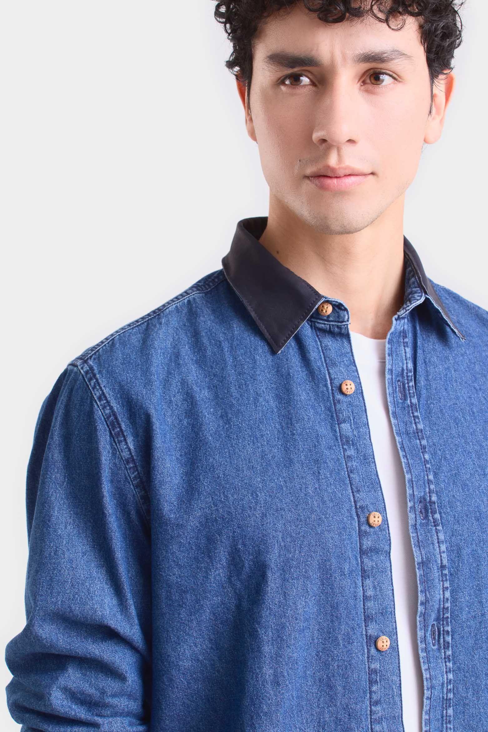 Vélez Camisa Obi De Algodón  Hombre Cuello En Cuero Azul-1