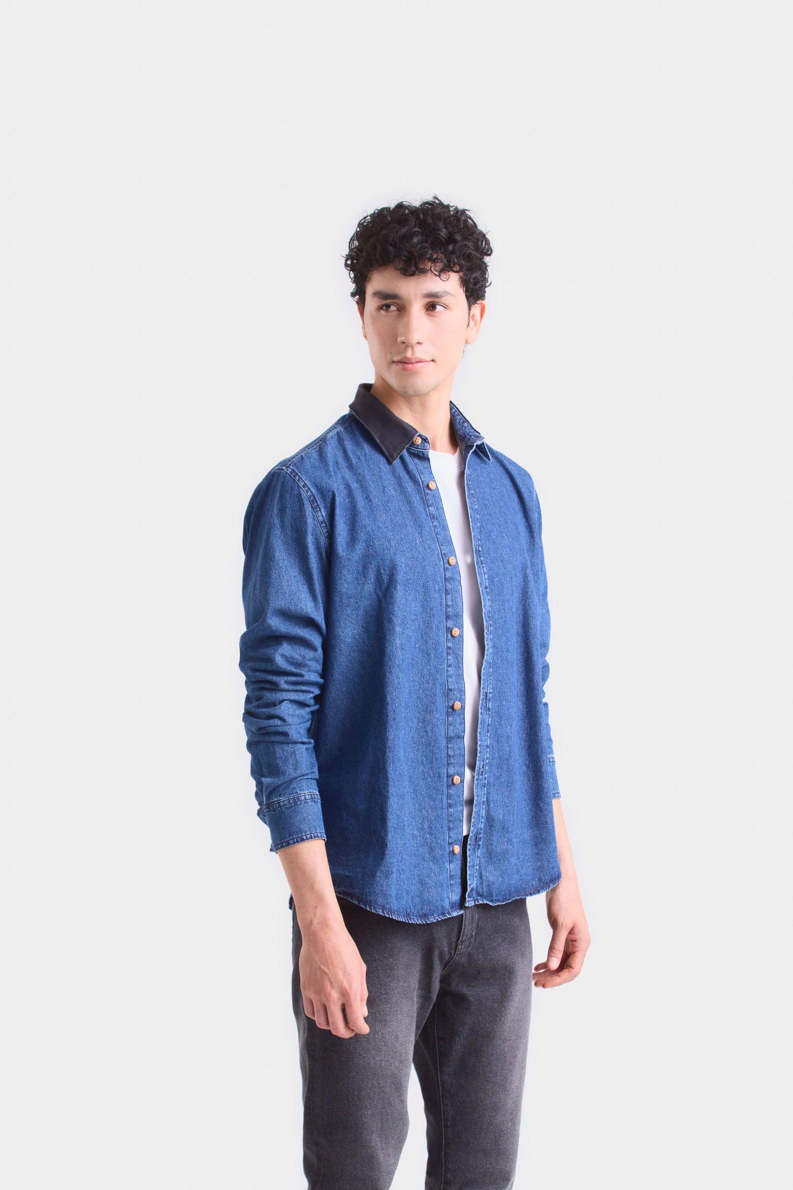 Vélez Camisa Obi De Algodón  Hombre Cuello En Cuero Azul-2