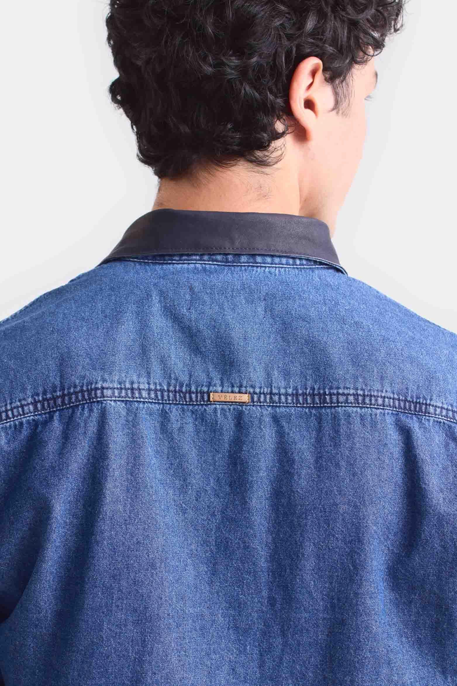 Vélez Camisa Obi De Algodón  Hombre Cuello En Cuero Azul-3