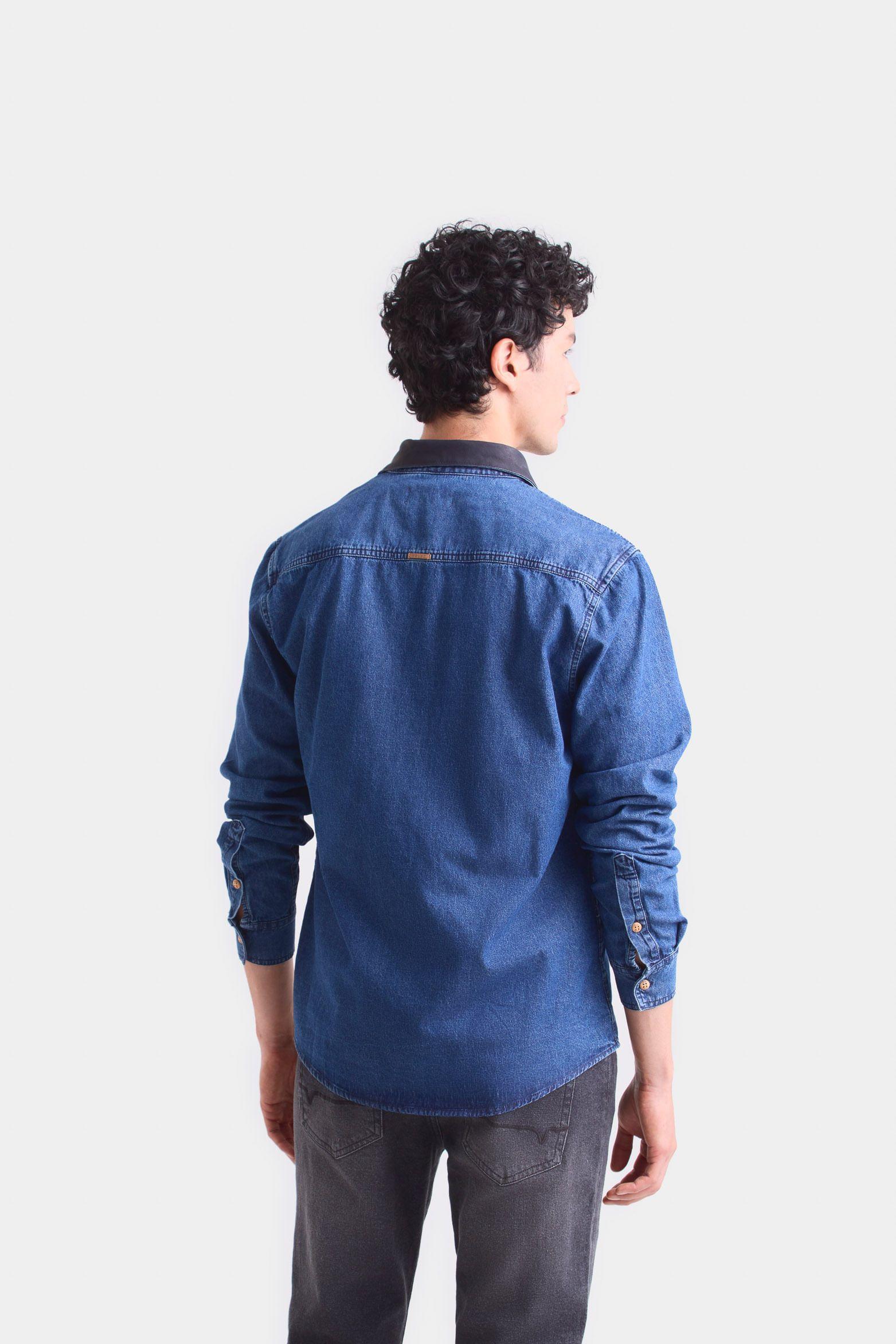 Vélez Camisa Obi De Algodón  Hombre Cuello En Cuero Azul-4