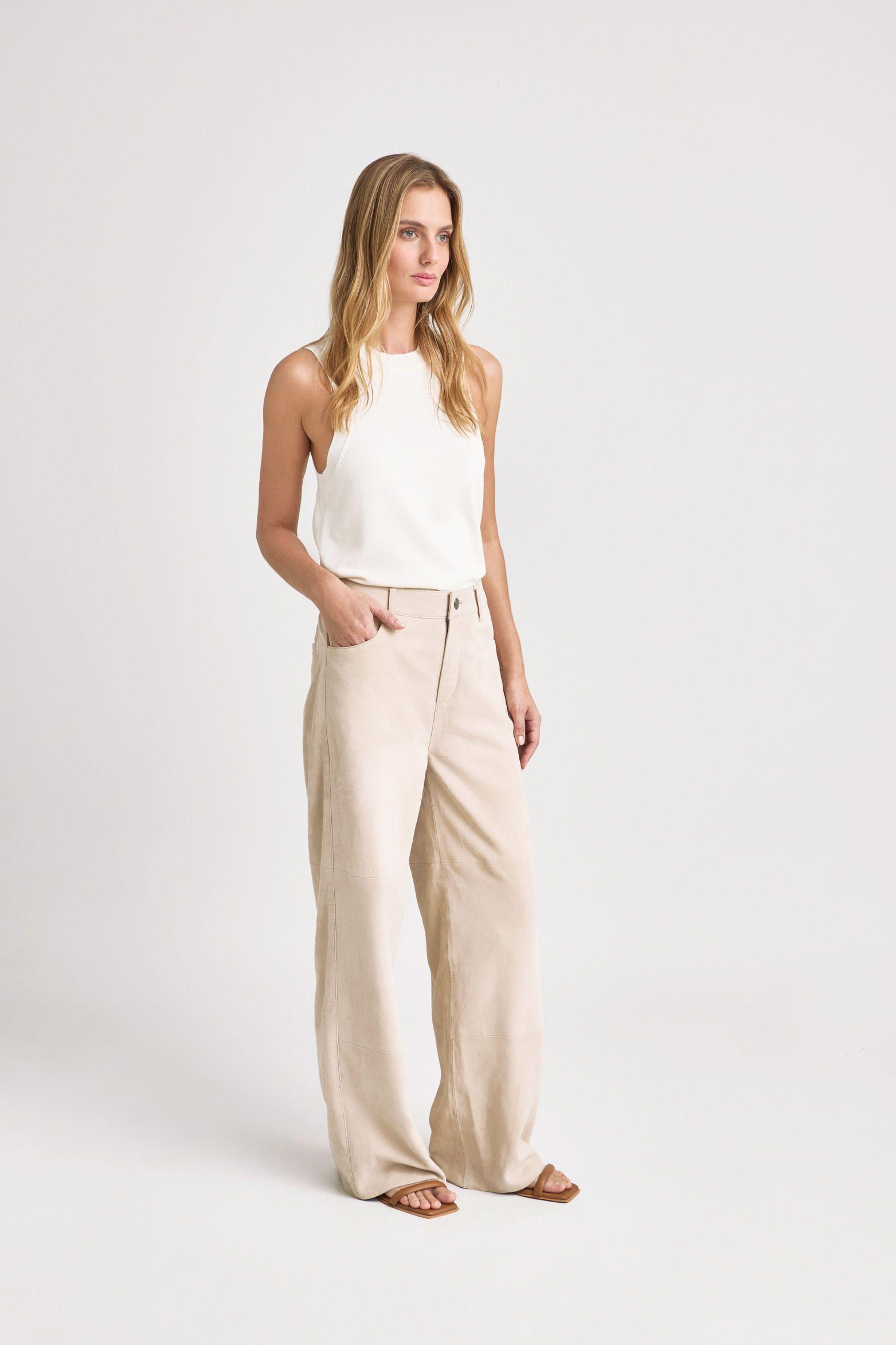 Vélez Pantalón Wide Leg San Jacinto Gamuza Mujer Beige-3