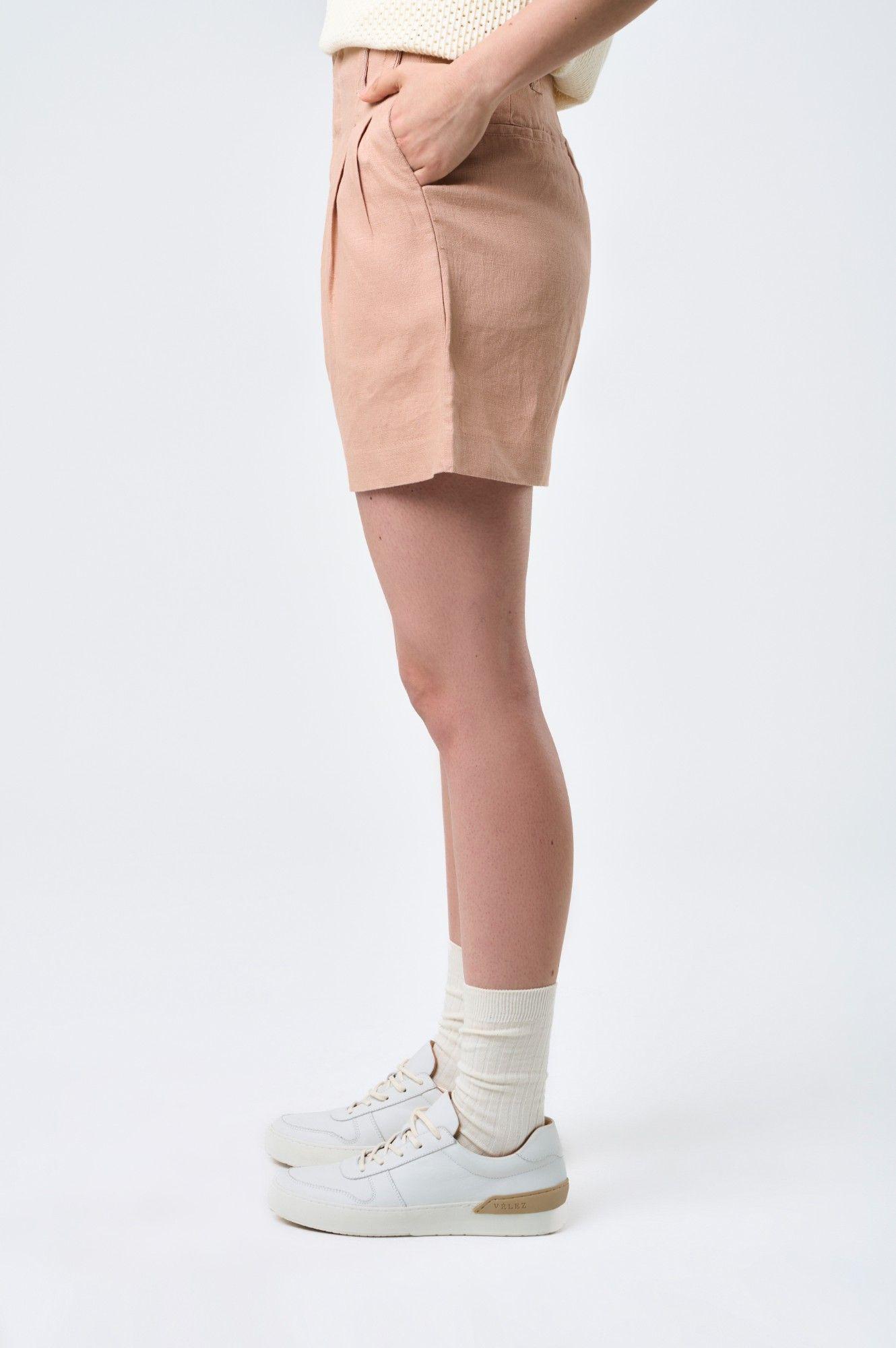Vélez Short Prisma Tiro Alto En Lino Mujer Millaré Rosado-4