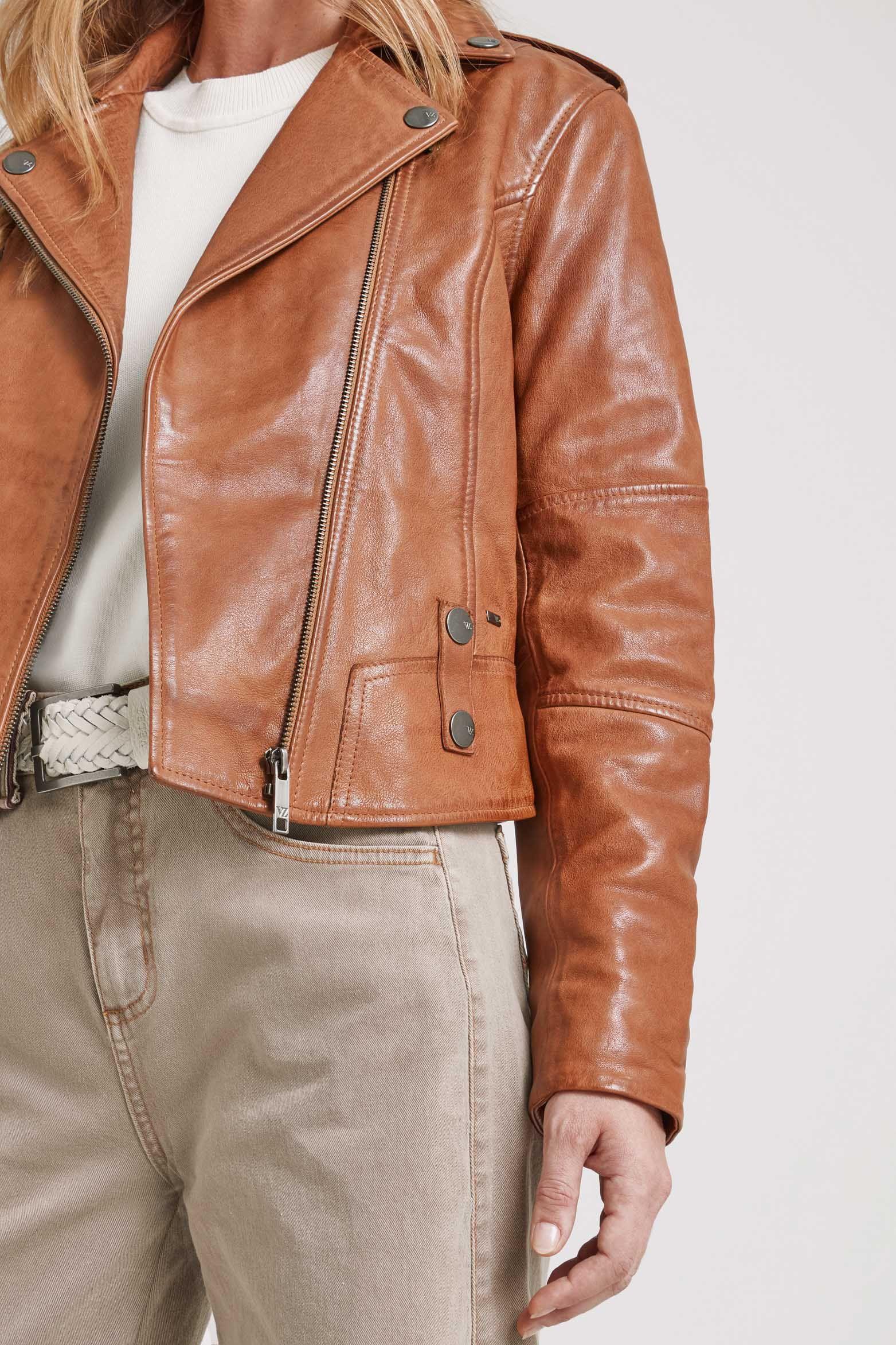 Vélez Casaca Biker Natura Cuero Mujer Semi Ajustada Miel-4