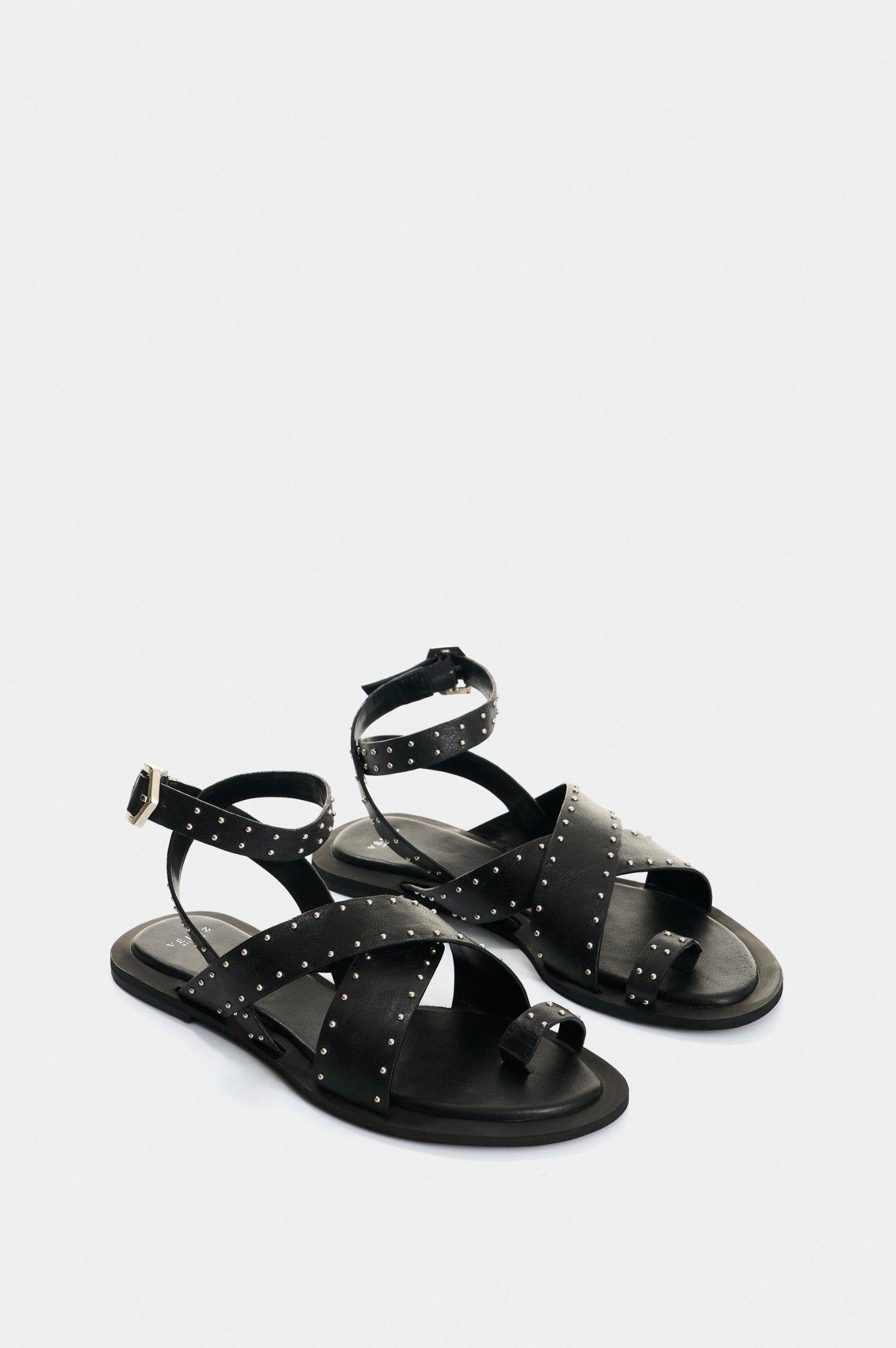 Vélez Sandalia Plana Cuero Mujer Pearl Negro-1