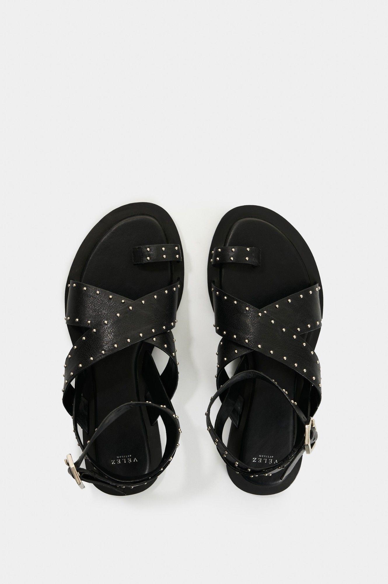 Vélez Sandalia Plana Cuero Mujer Pearl Negro-3